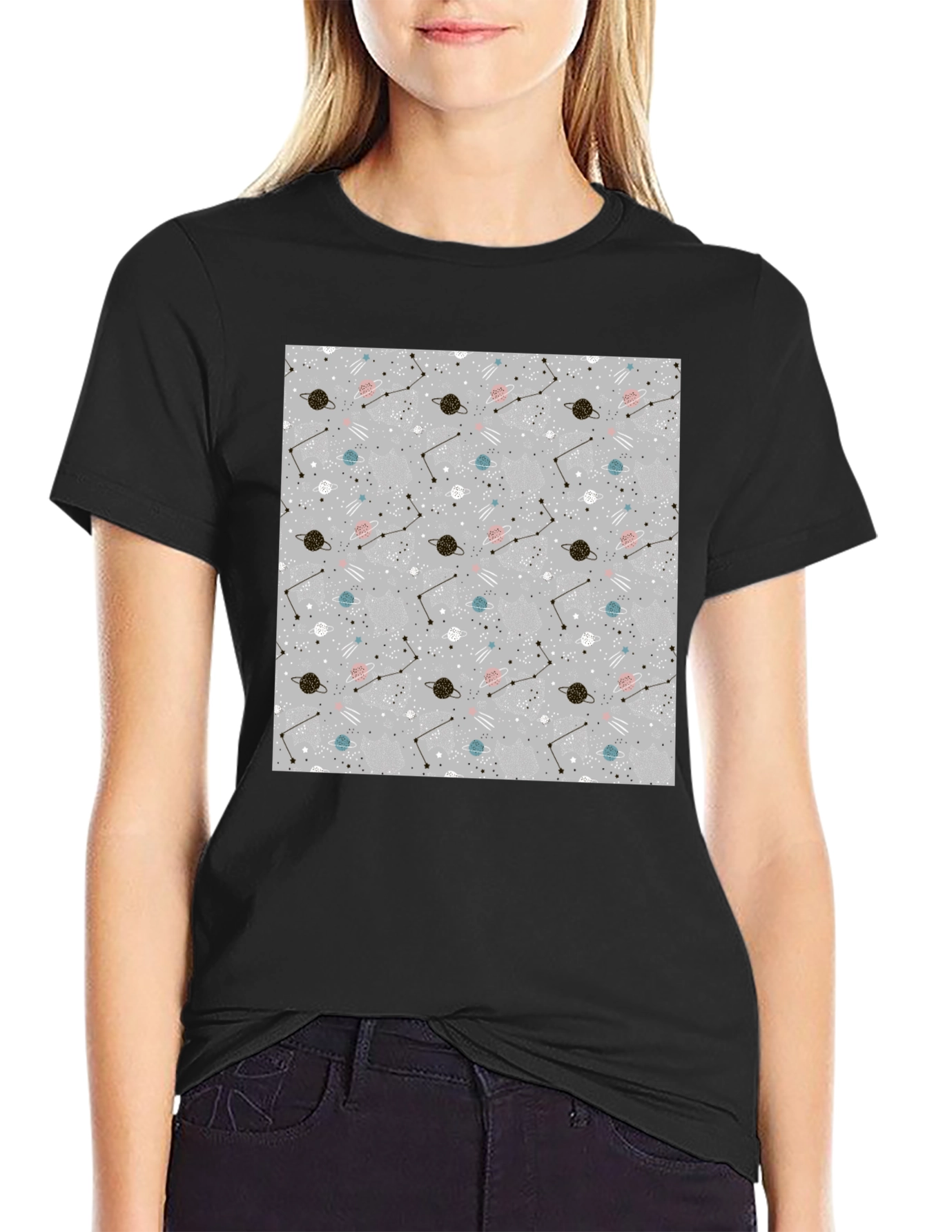 Space Pattern Black T-Shirt - Galaxy Design