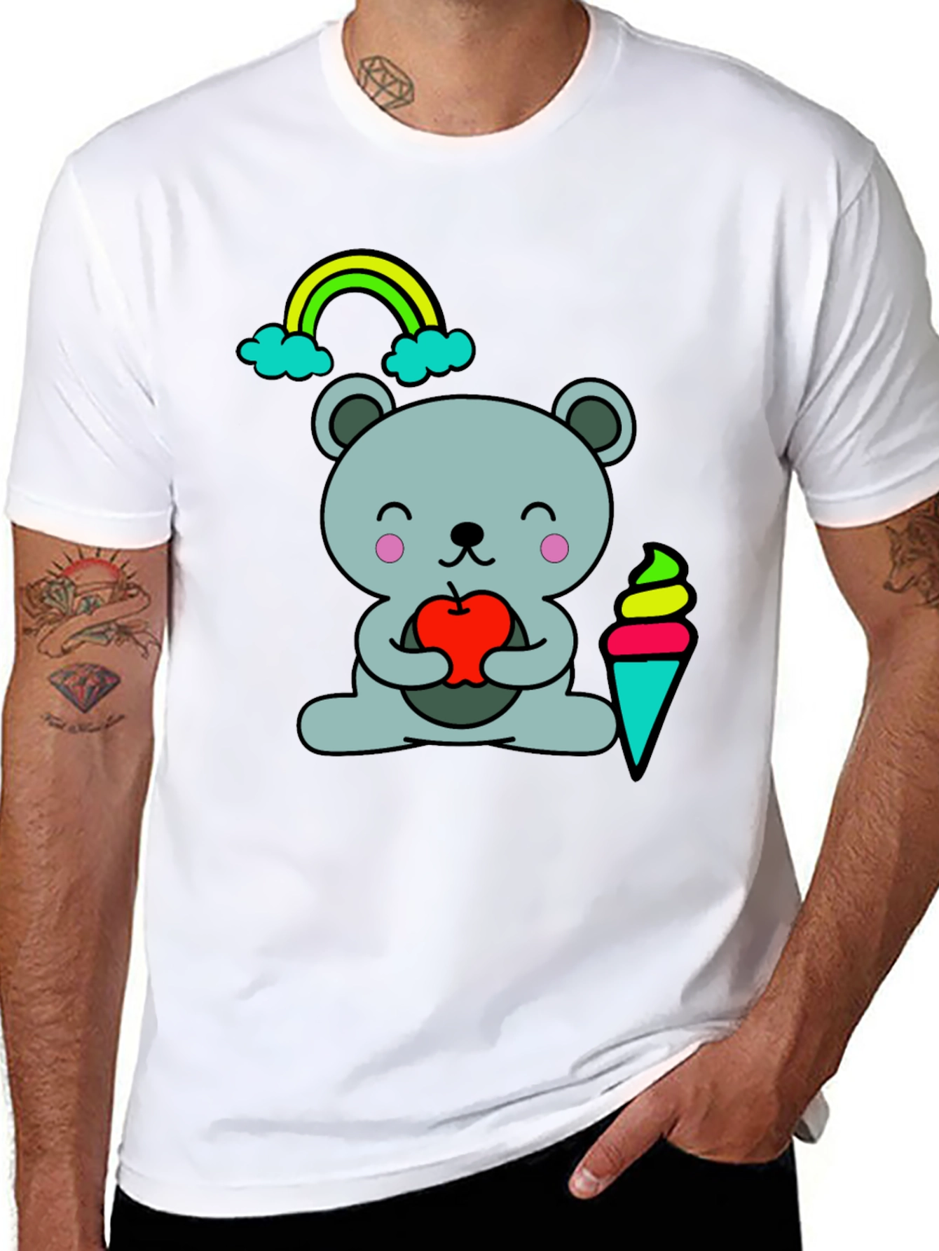 Cute Cartoon Bear Holding Apple Black T-Shirt