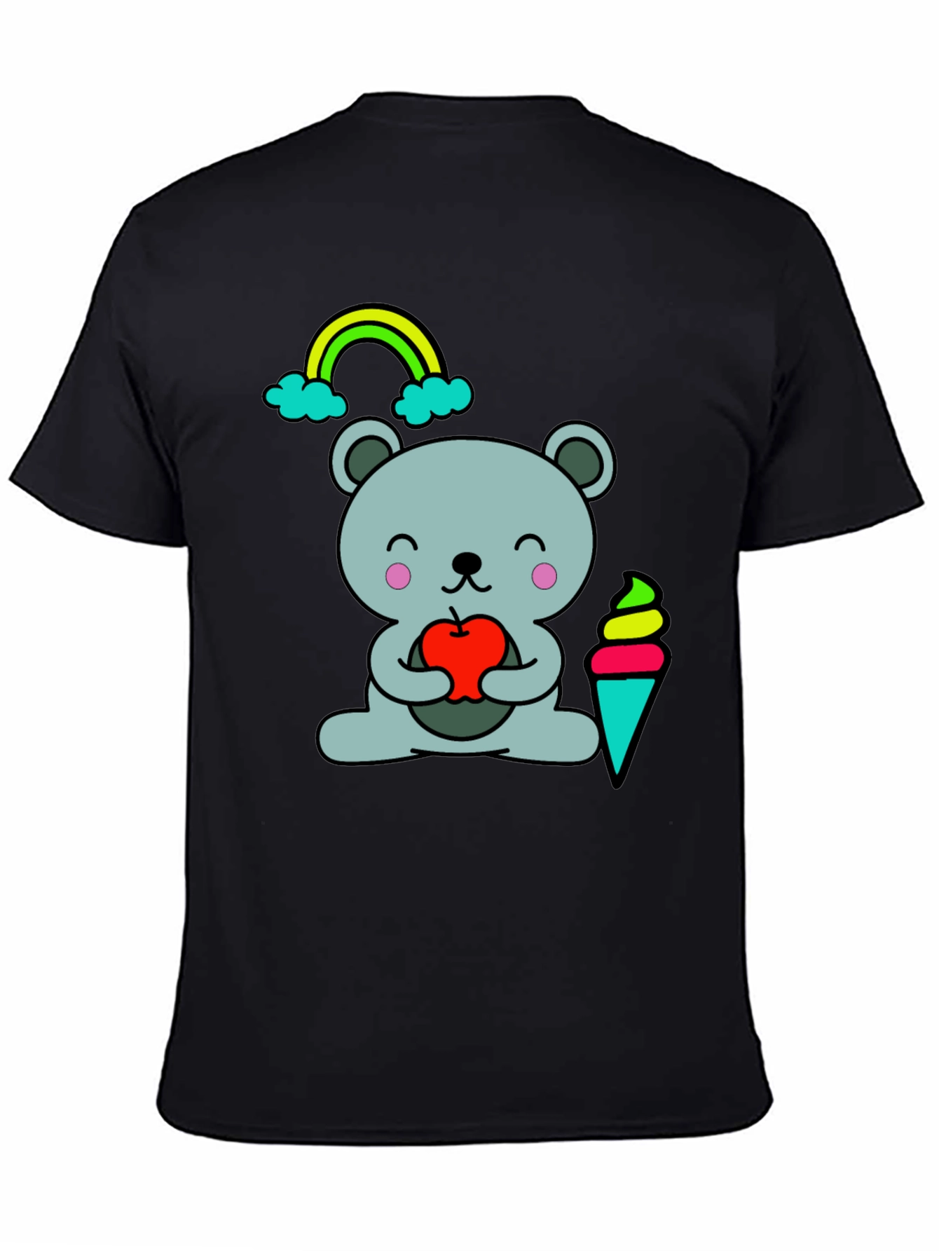 Cute Cartoon Bear Holding Apple Black T-Shirt
