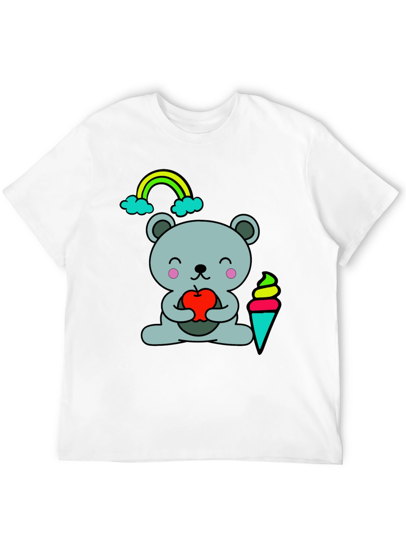 Cute Cartoon Bear Holding Apple Black T-Shirt