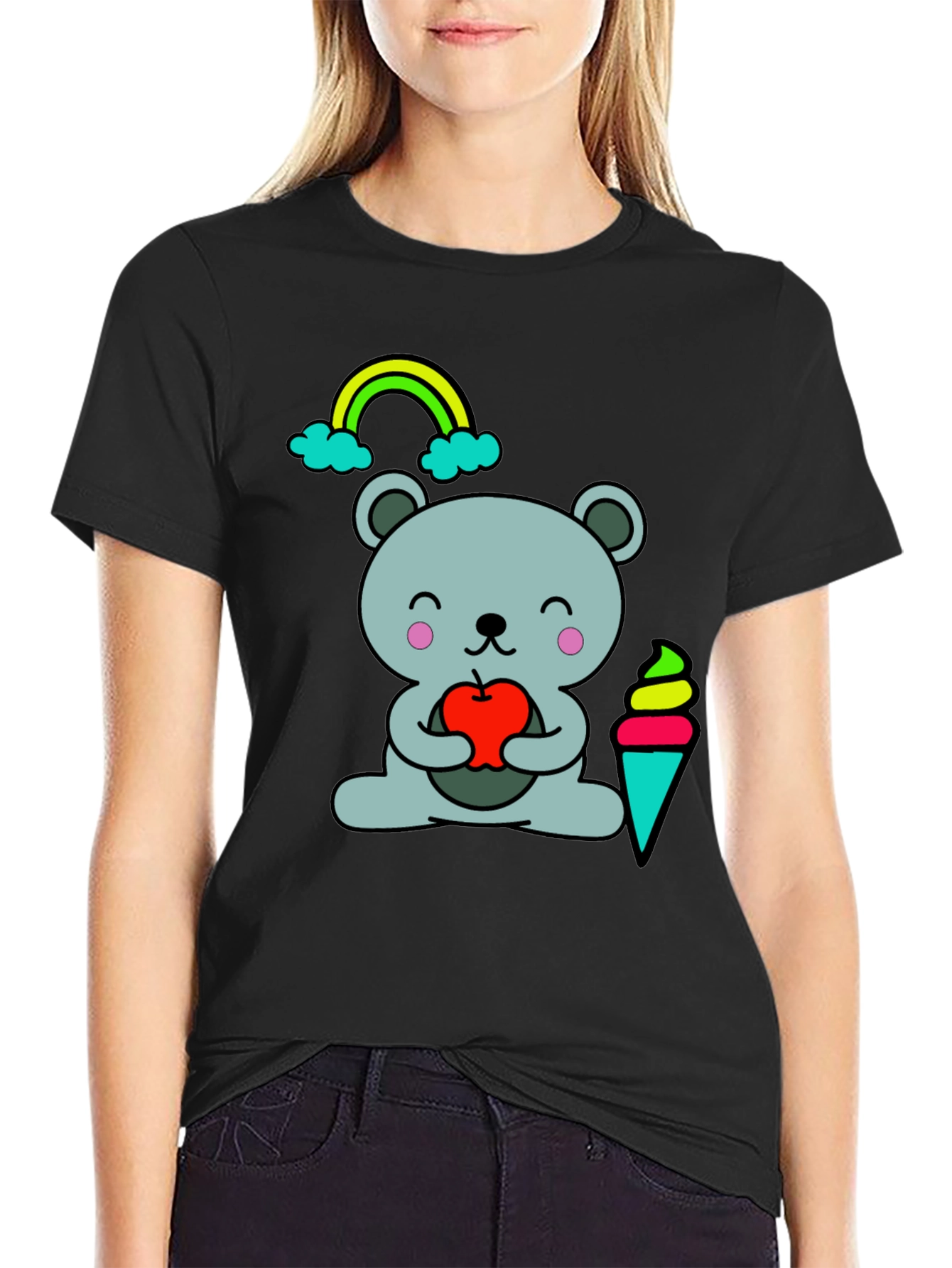 Cute Cartoon Bear Holding Apple Black T-Shirt