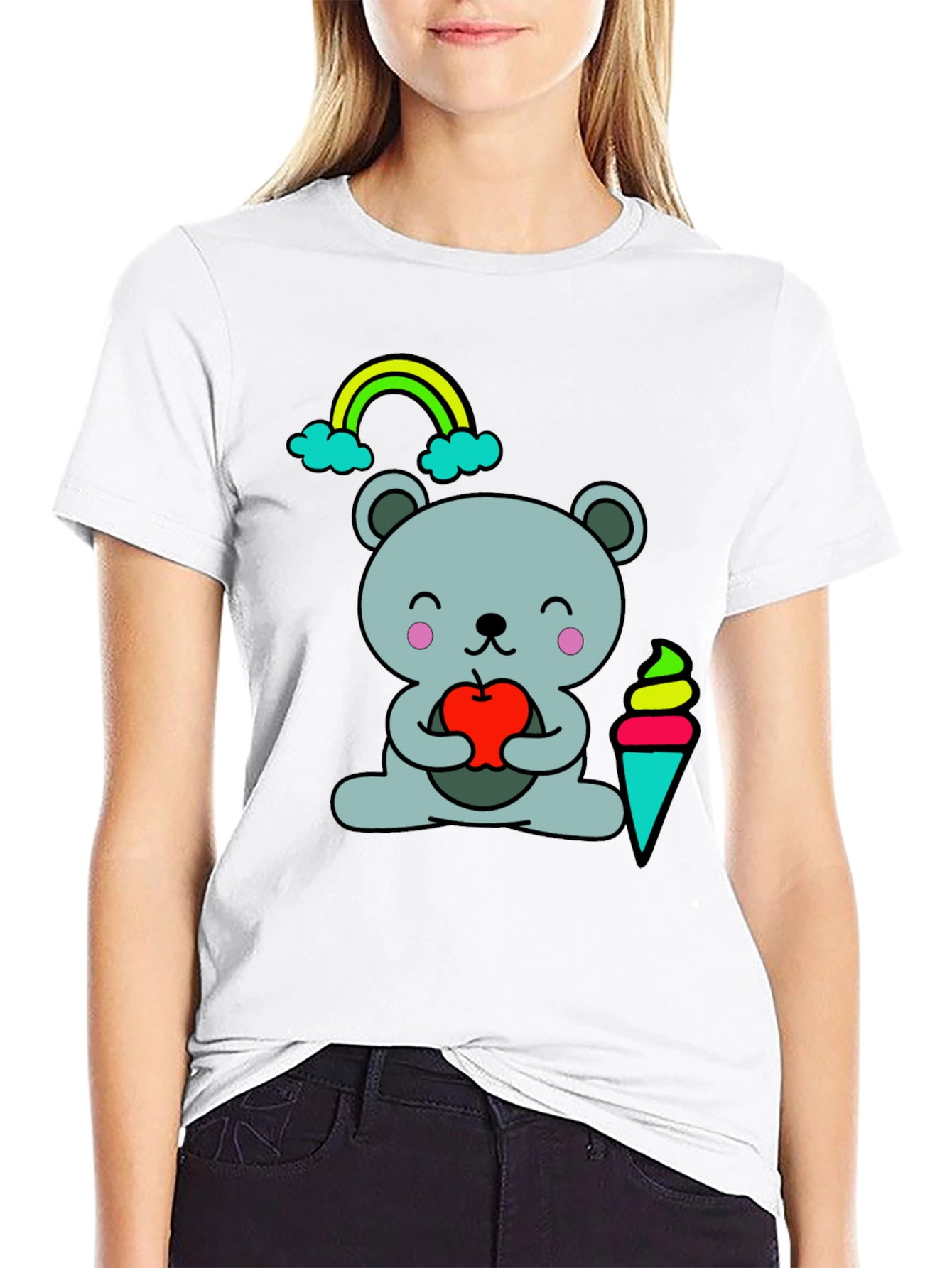 Cute Cartoon Bear Holding Apple Black T-Shirt