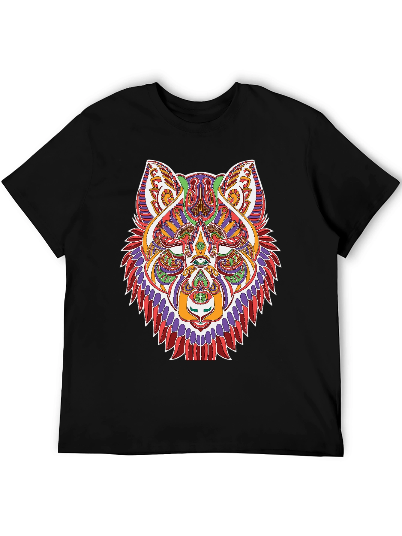 Geometric Wolf Graphic Print Black T-Shirt