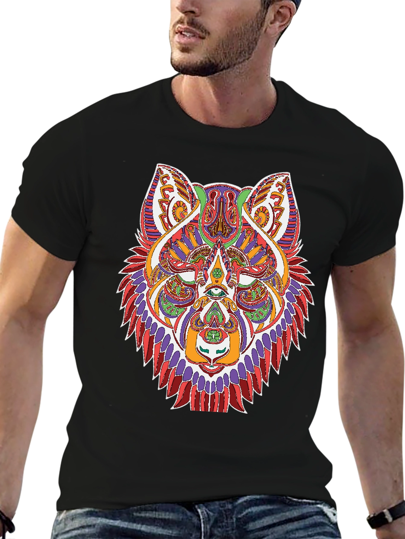 Geometric Wolf Graphic Print Black T-Shirt