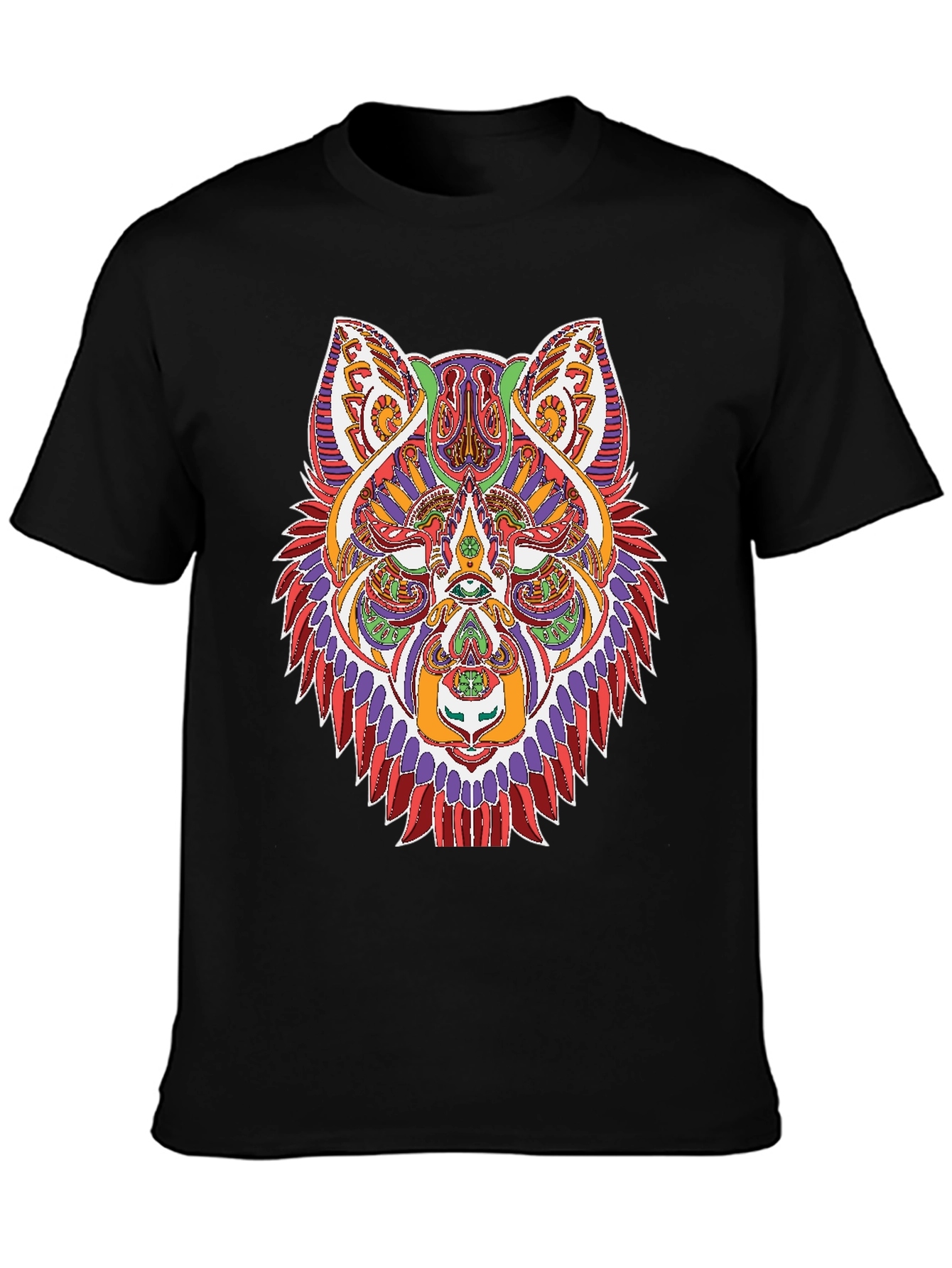 Geometric Wolf Graphic Print Black T-Shirt
