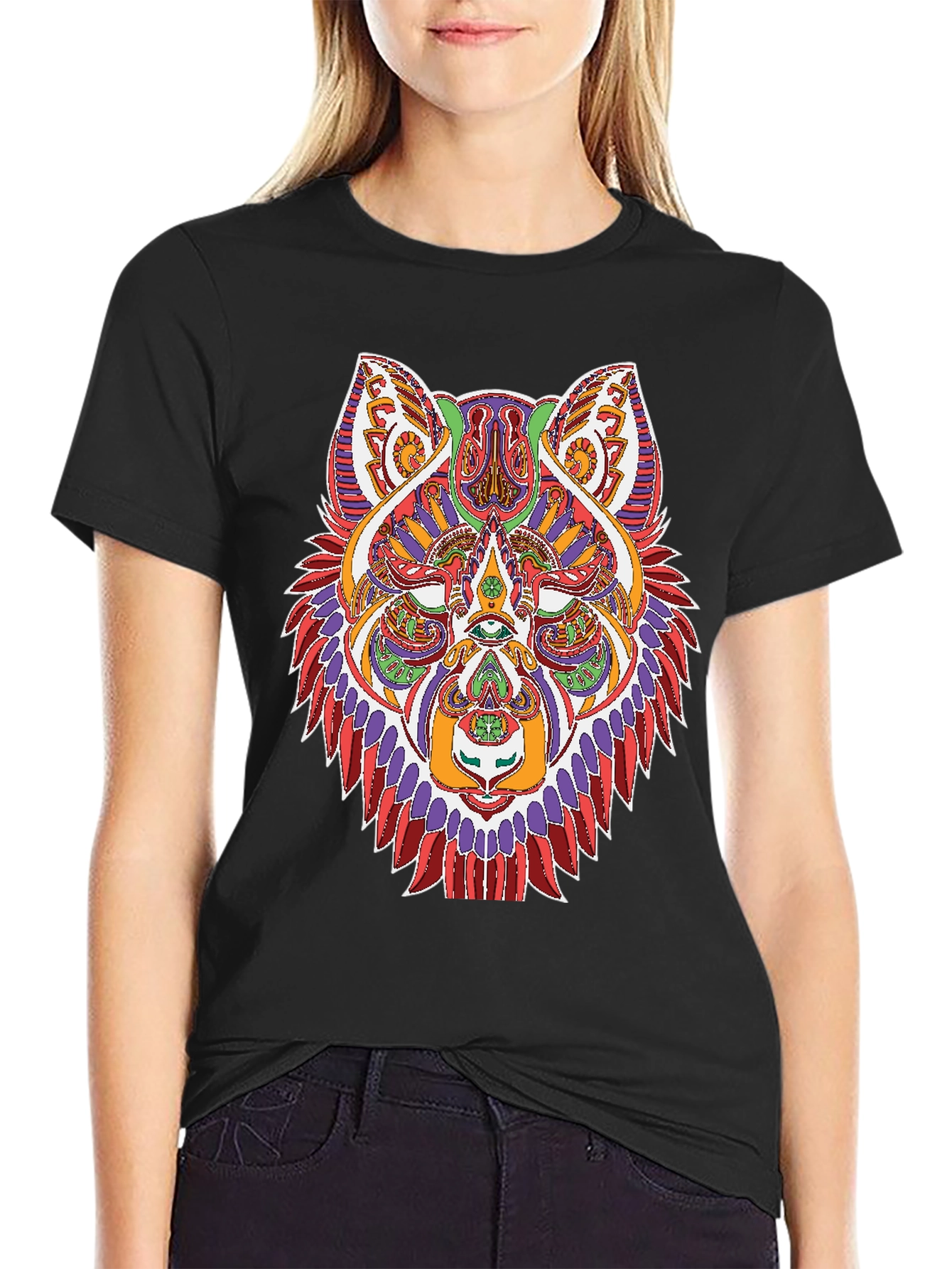 Geometric Wolf Graphic Print Black T-Shirt