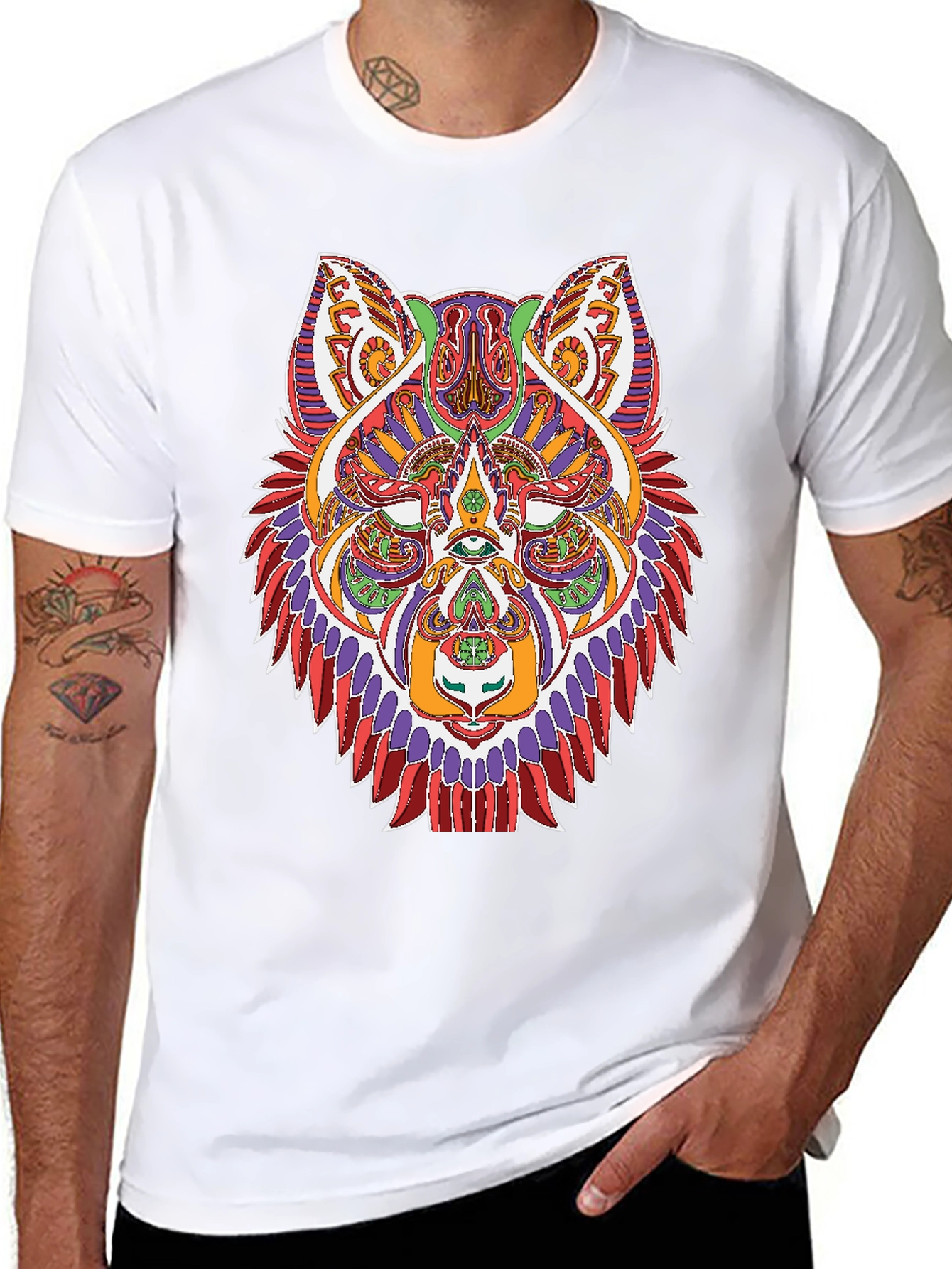Geometric Wolf Graphic Print Black T-Shirt