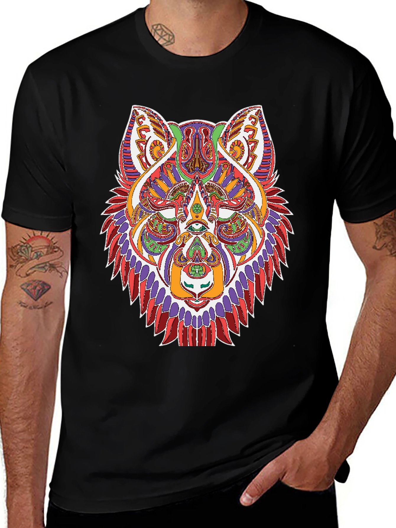 Geometric Wolf Graphic Print Black T-Shirt