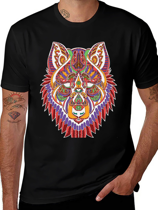 Geometric Wolf Graphic Print Black T-Shirt