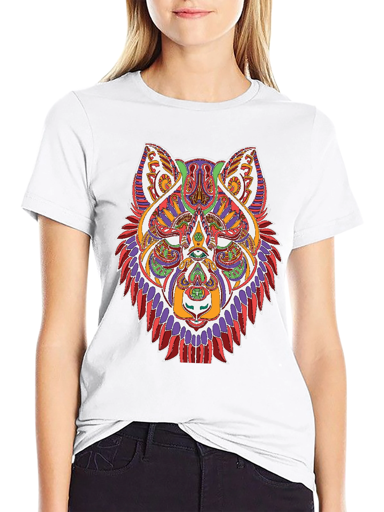 Geometric Wolf Graphic Print Black T-Shirt