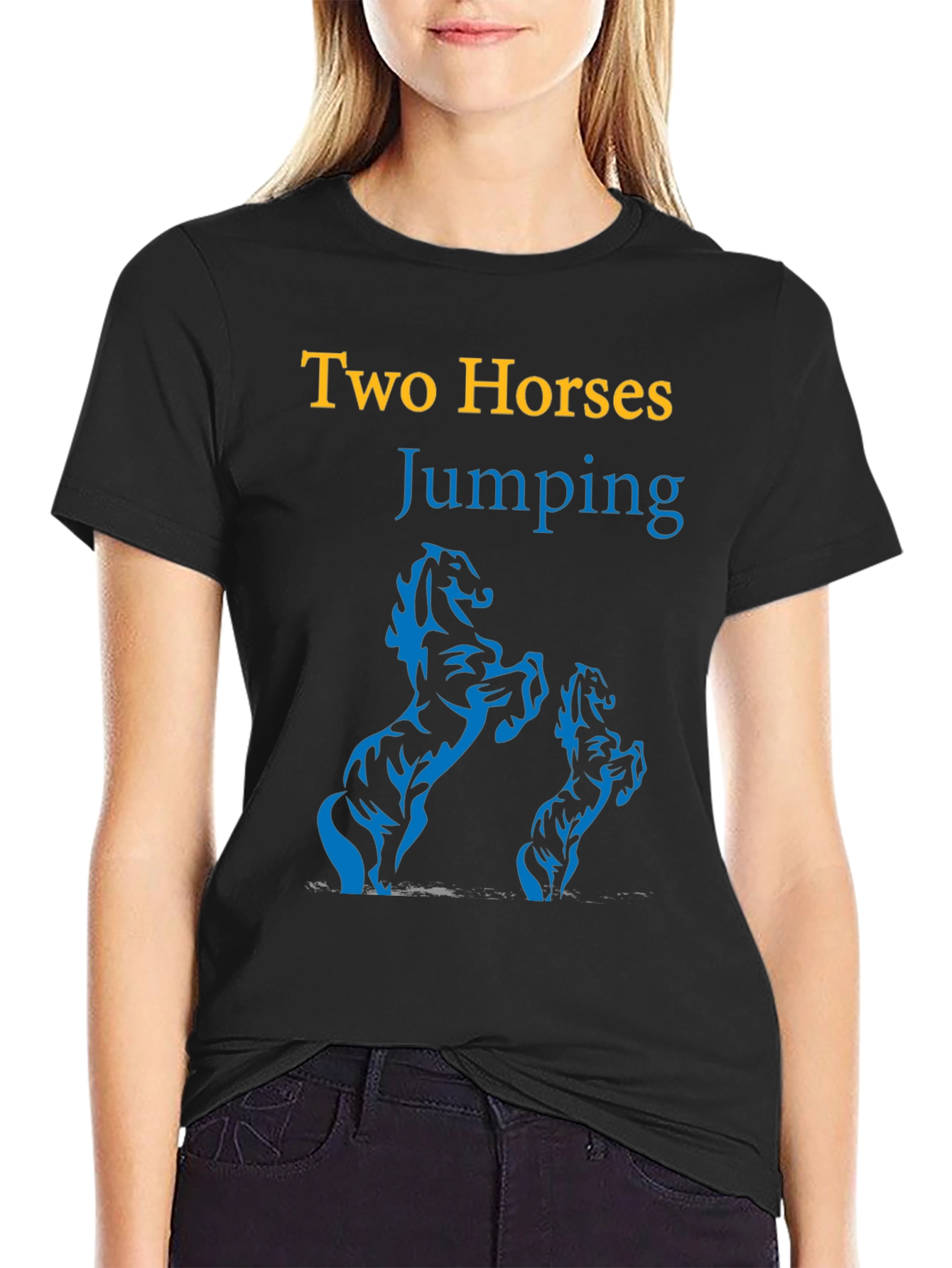 Two Horses Jumping Graphic Black T-Shirt