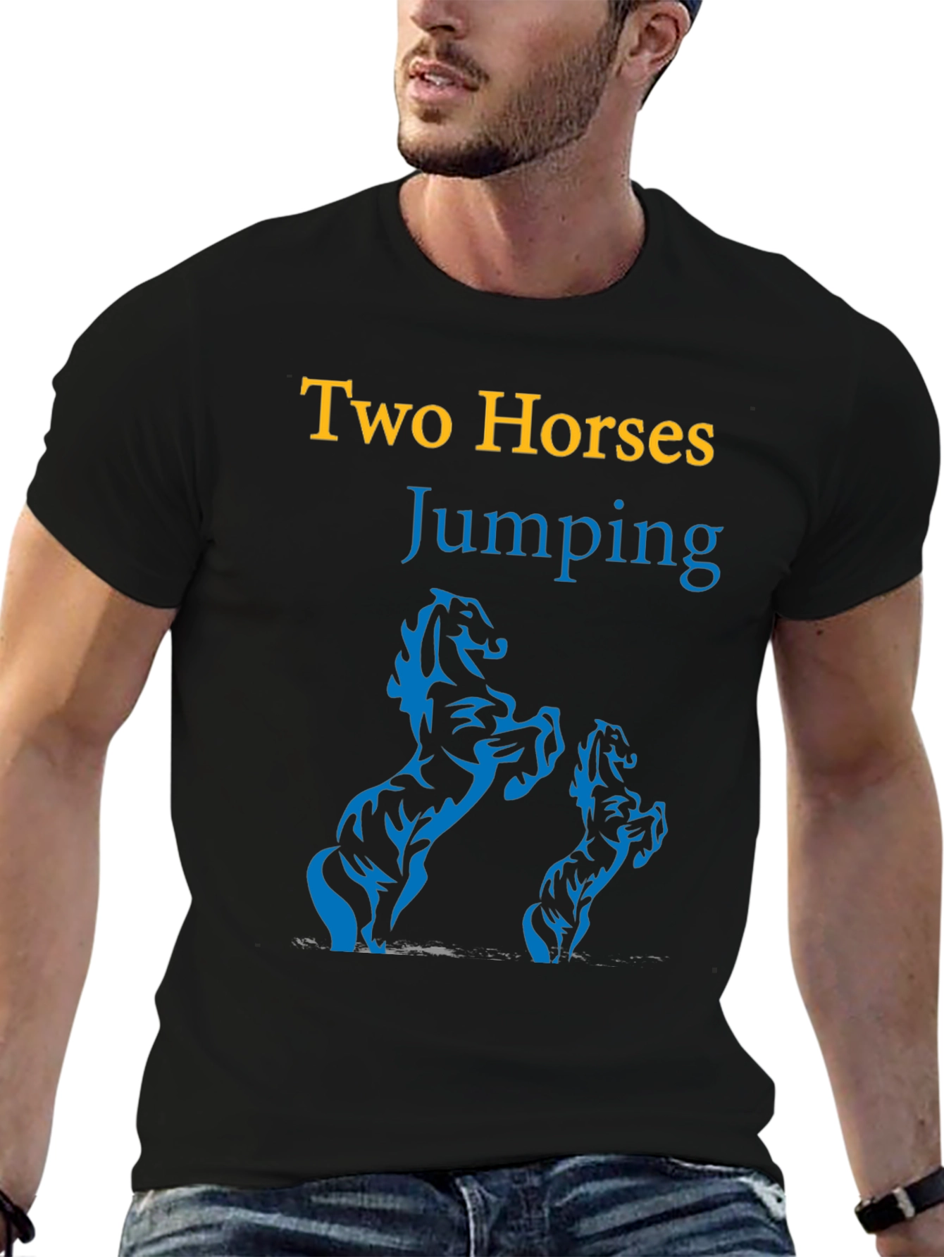 Two Horses Jumping Graphic Black T-Shirt