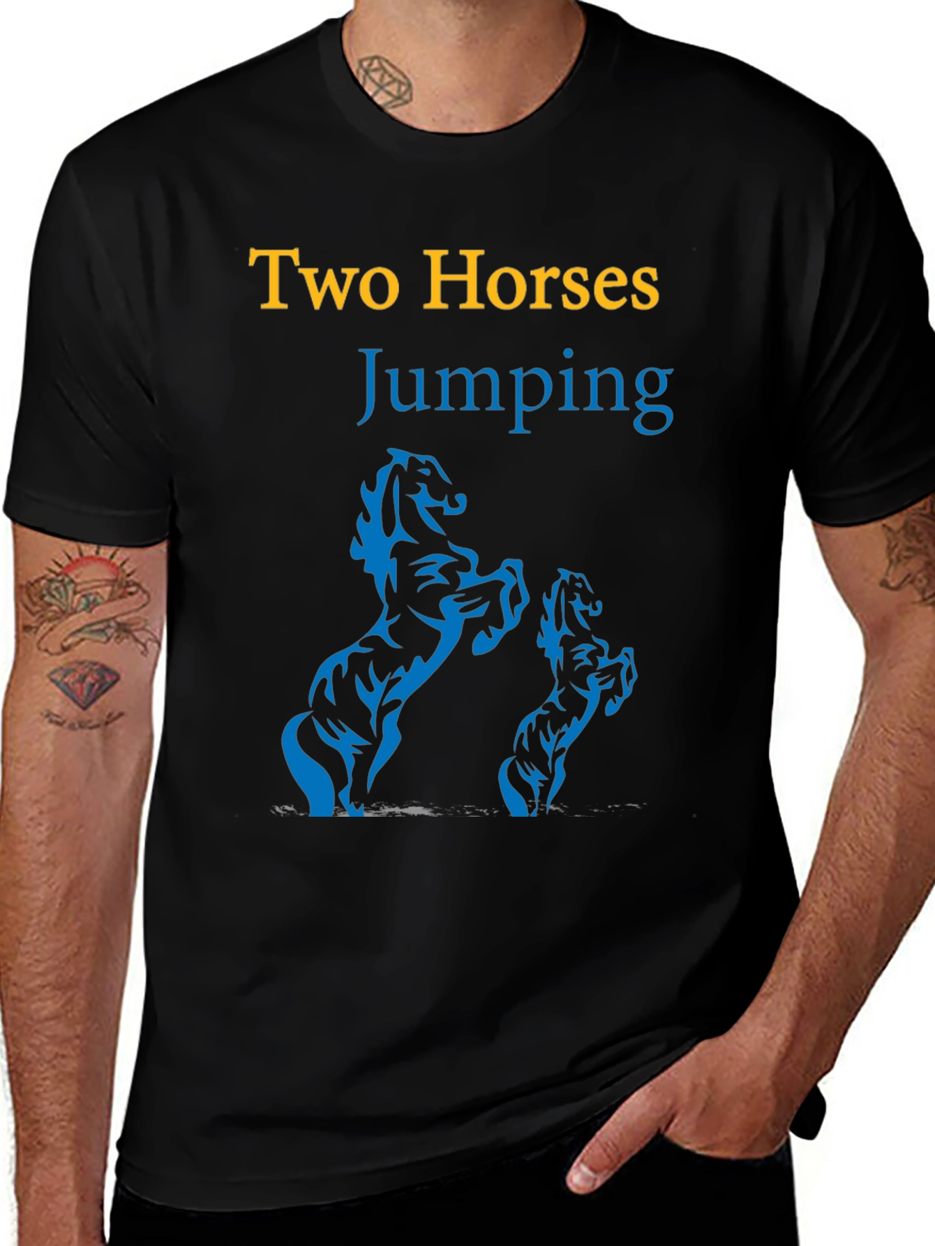 Two Horses Jumping Graphic Black T-Shirt