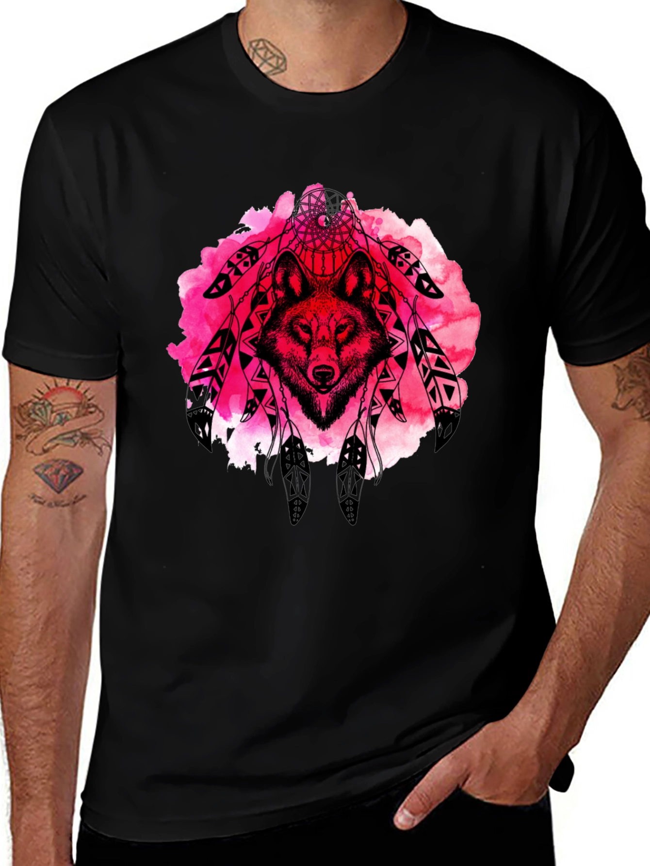 Wolf Dreamcatcher Graphic Tee - Black Cotton T-Shirt