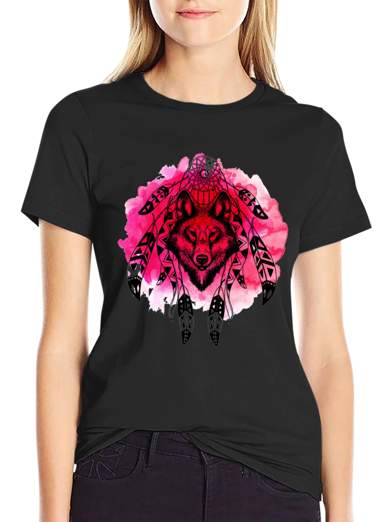 Wolf Dreamcatcher Graphic Tee - Black Cotton T-Shirt