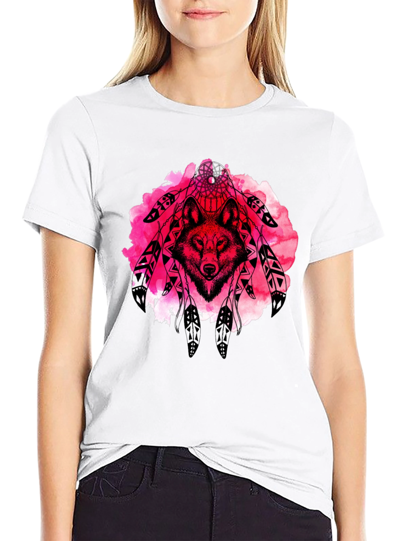 Wolf Dreamcatcher Graphic Tee - Black Cotton T-Shirt