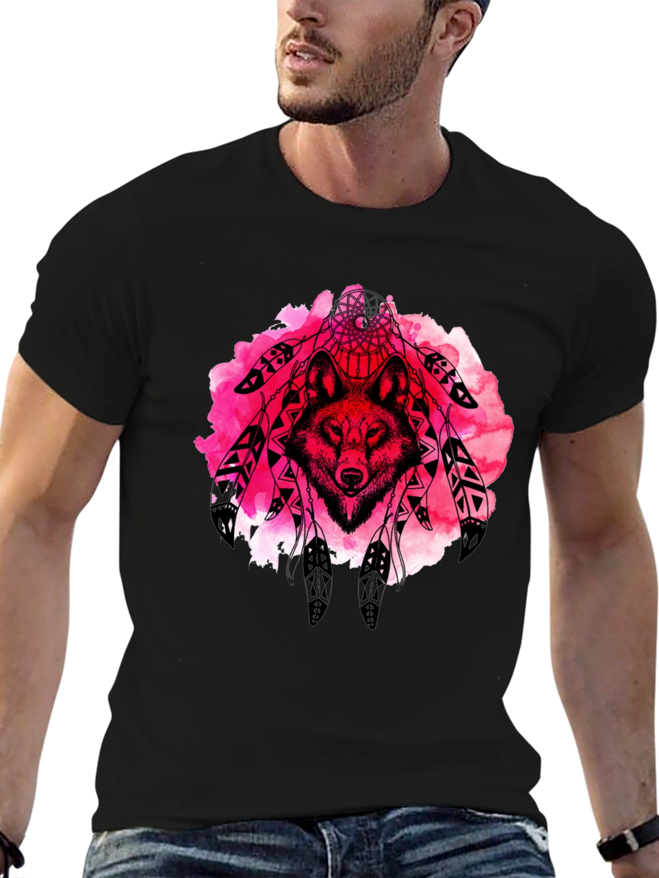 Wolf Dreamcatcher Graphic Tee - Black Cotton T-Shirt