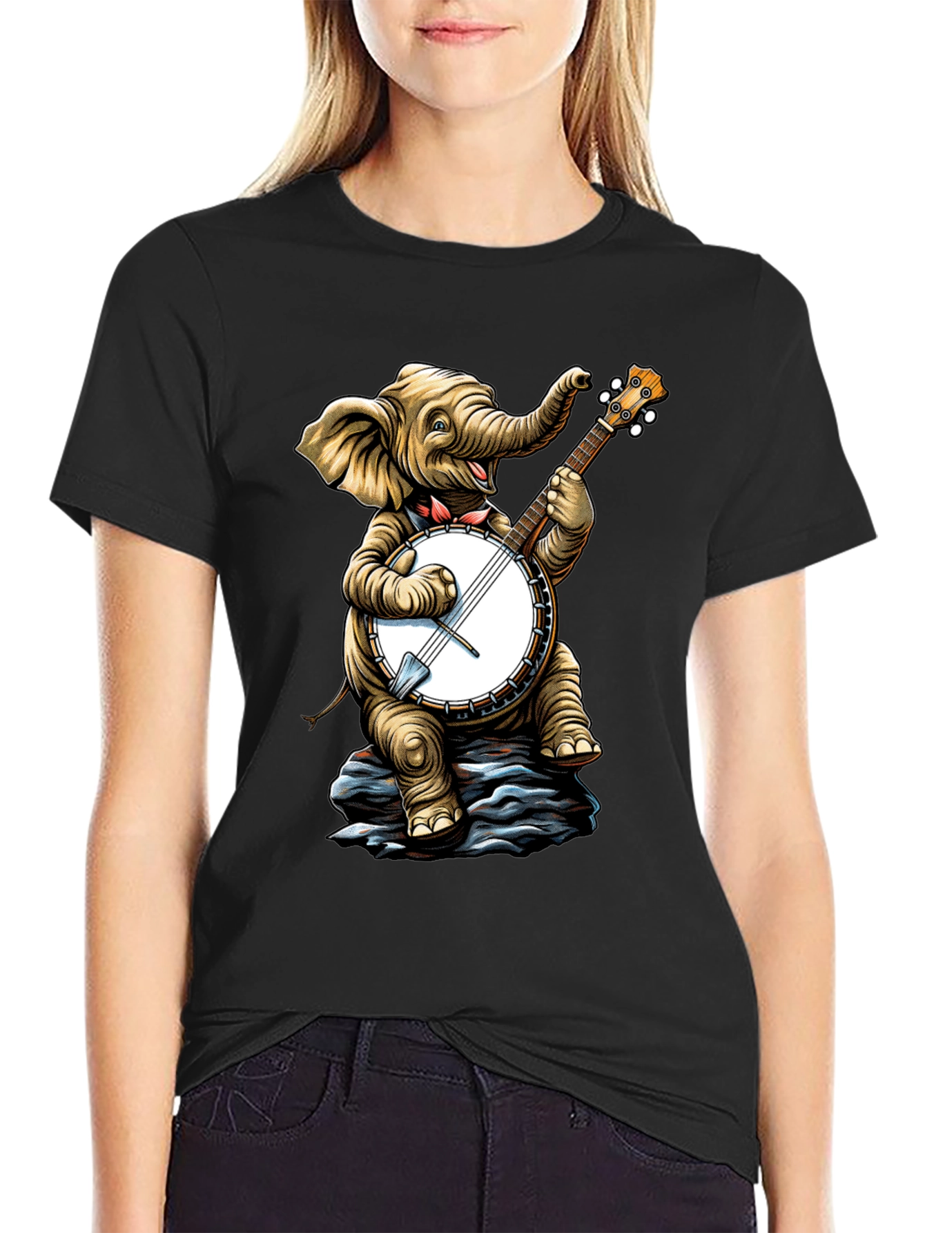 Elephant Banjo Player Graphic Tee - Black