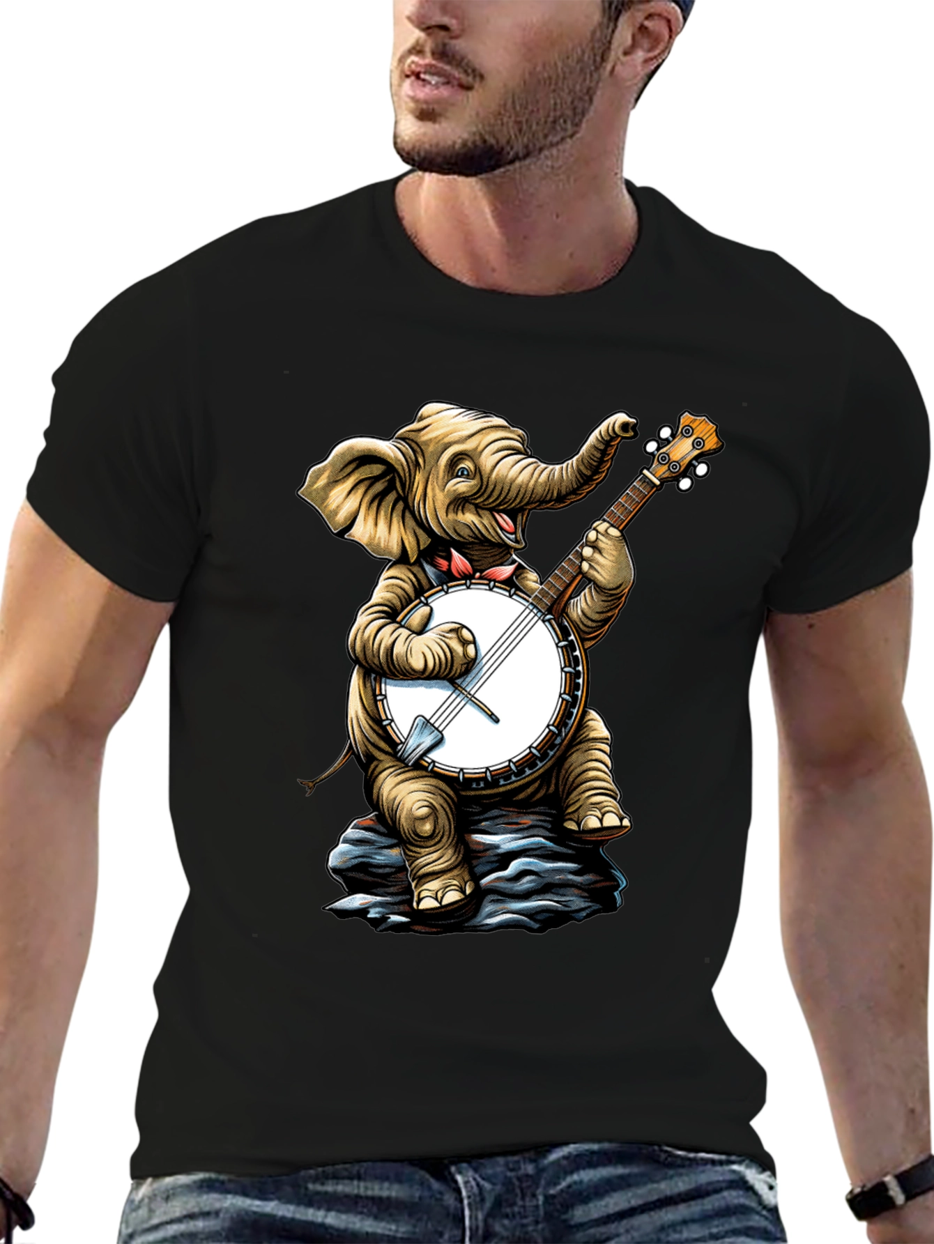 Elephant Banjo Player Graphic Tee - Black