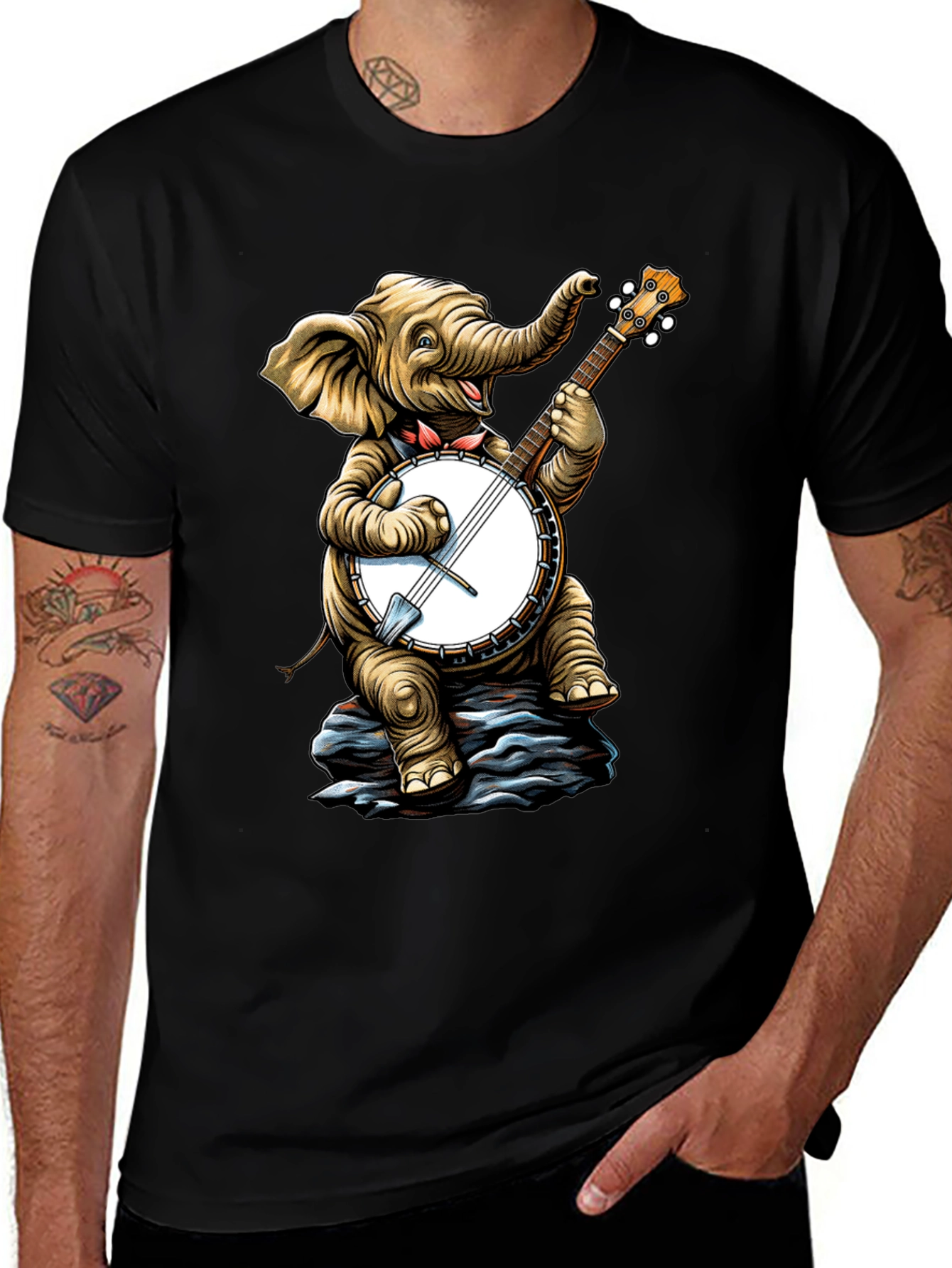 Elephant Banjo Player Graphic Tee - Black