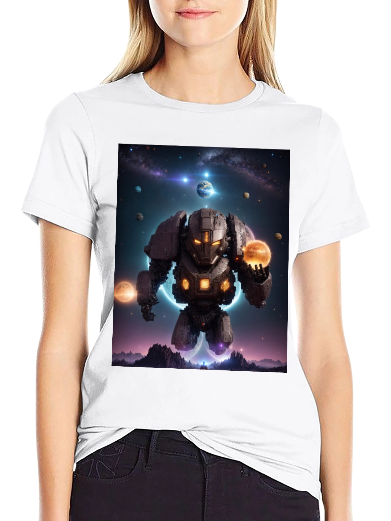 Astral Robot Graphic Tee - Galactic Guardian Shirt