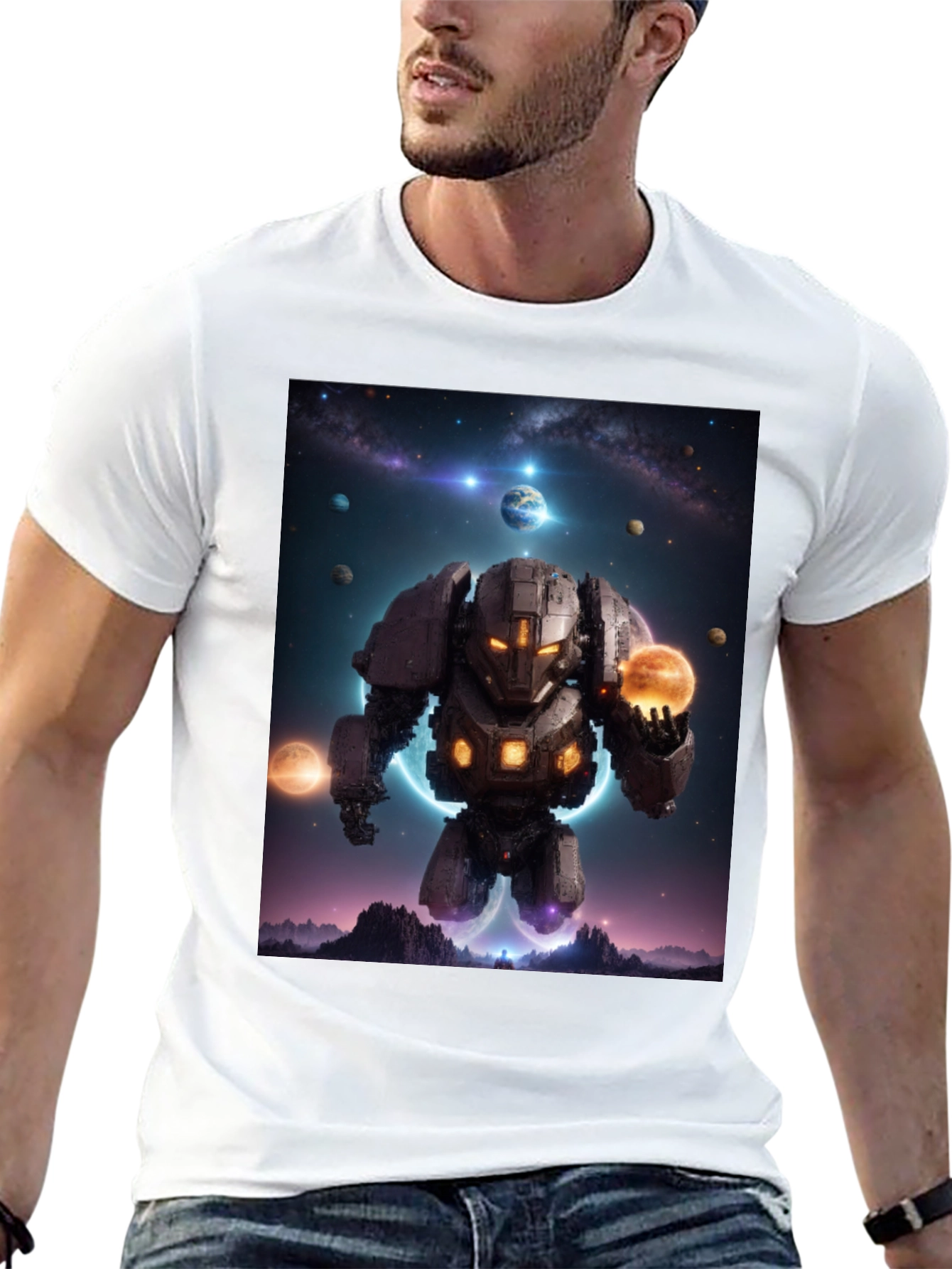 Astral Robot Graphic Tee - Galactic Guardian Shirt