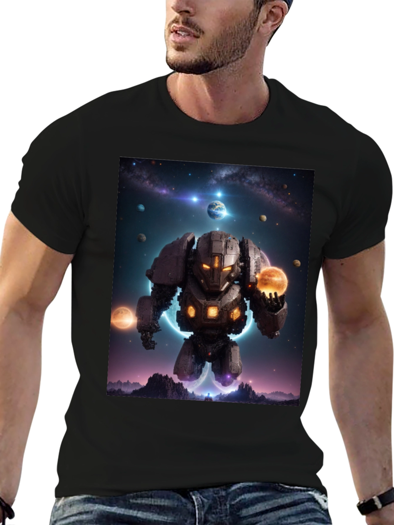 Astral Robot Graphic Tee - Galactic Guardian Shirt