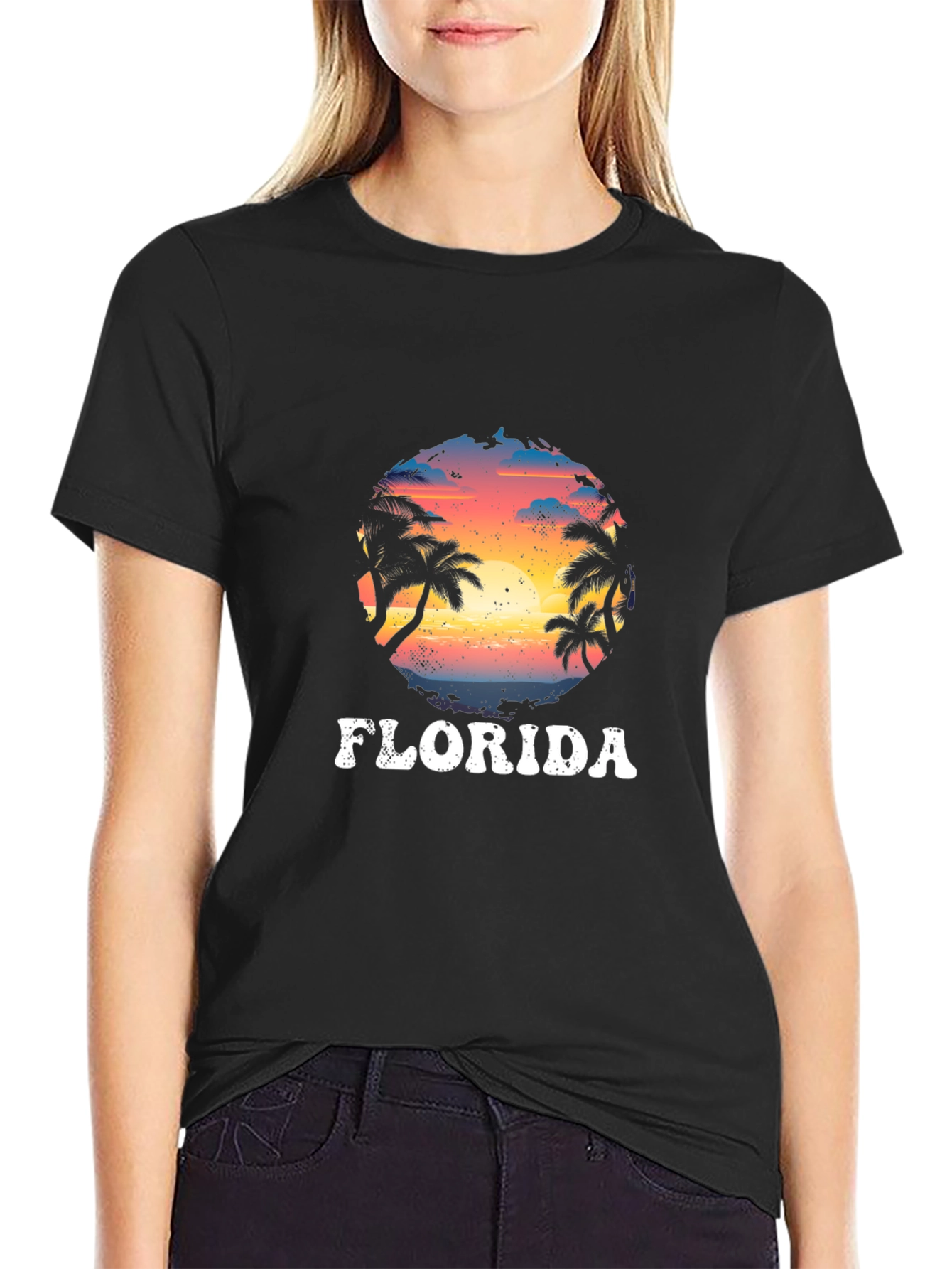 Florida Palm Sunset Graphic Black T-Shirt