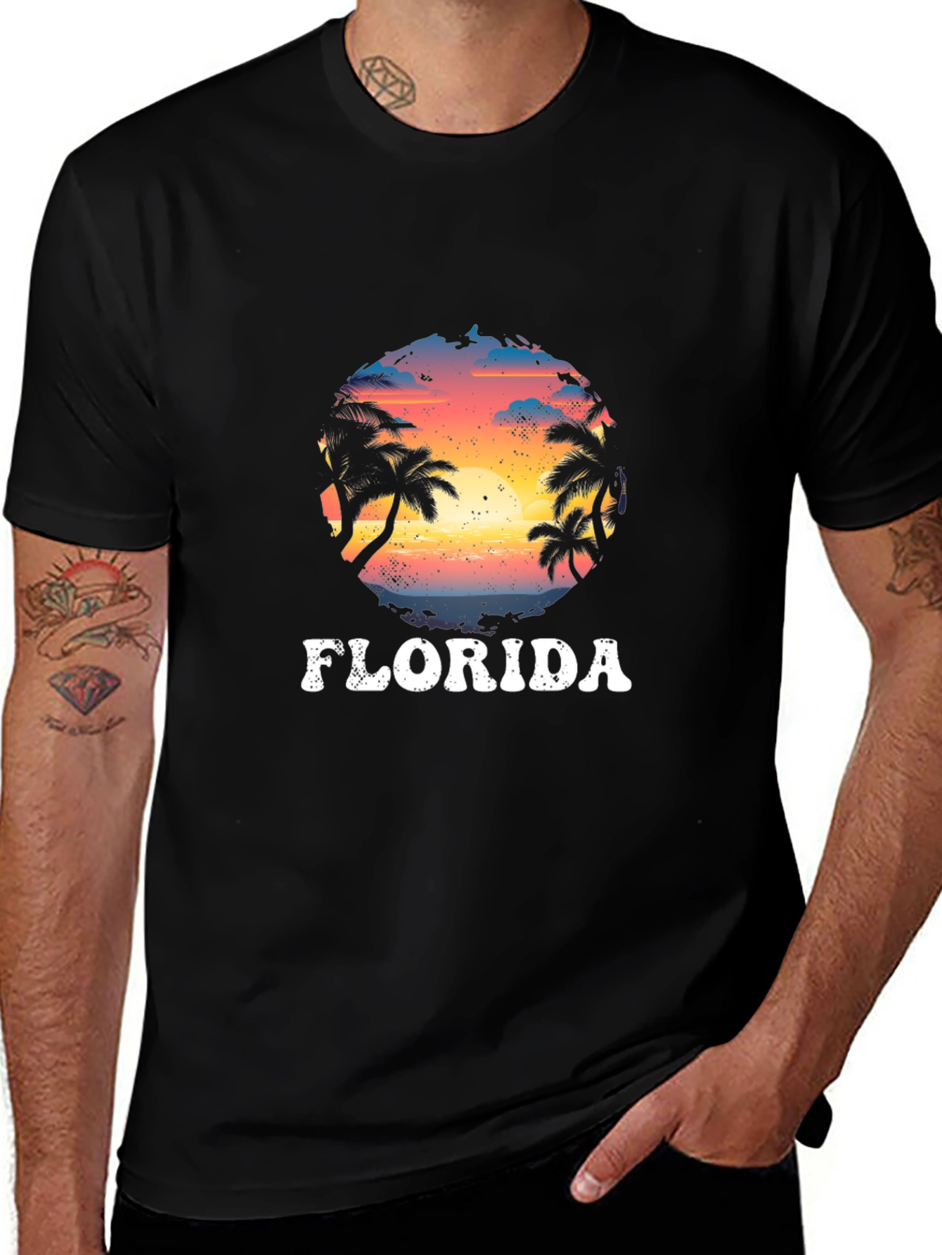 Florida Palm Sunset Graphic Black T-Shirt