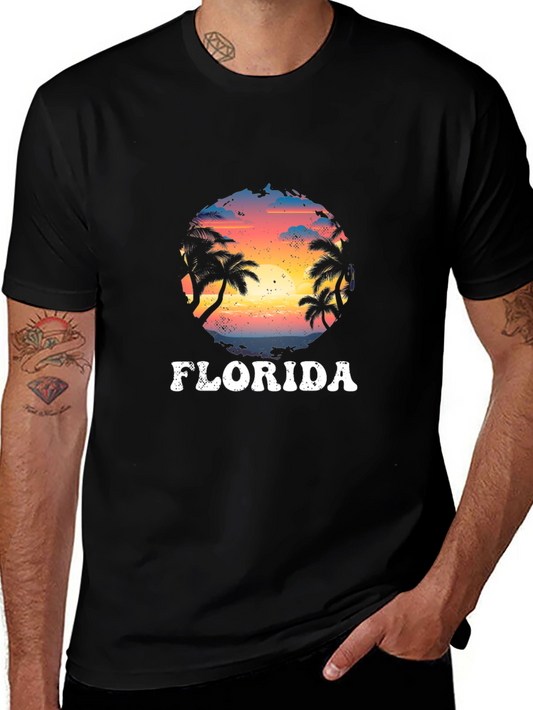 Florida Palm Sunset Graphic Black T-Shirt