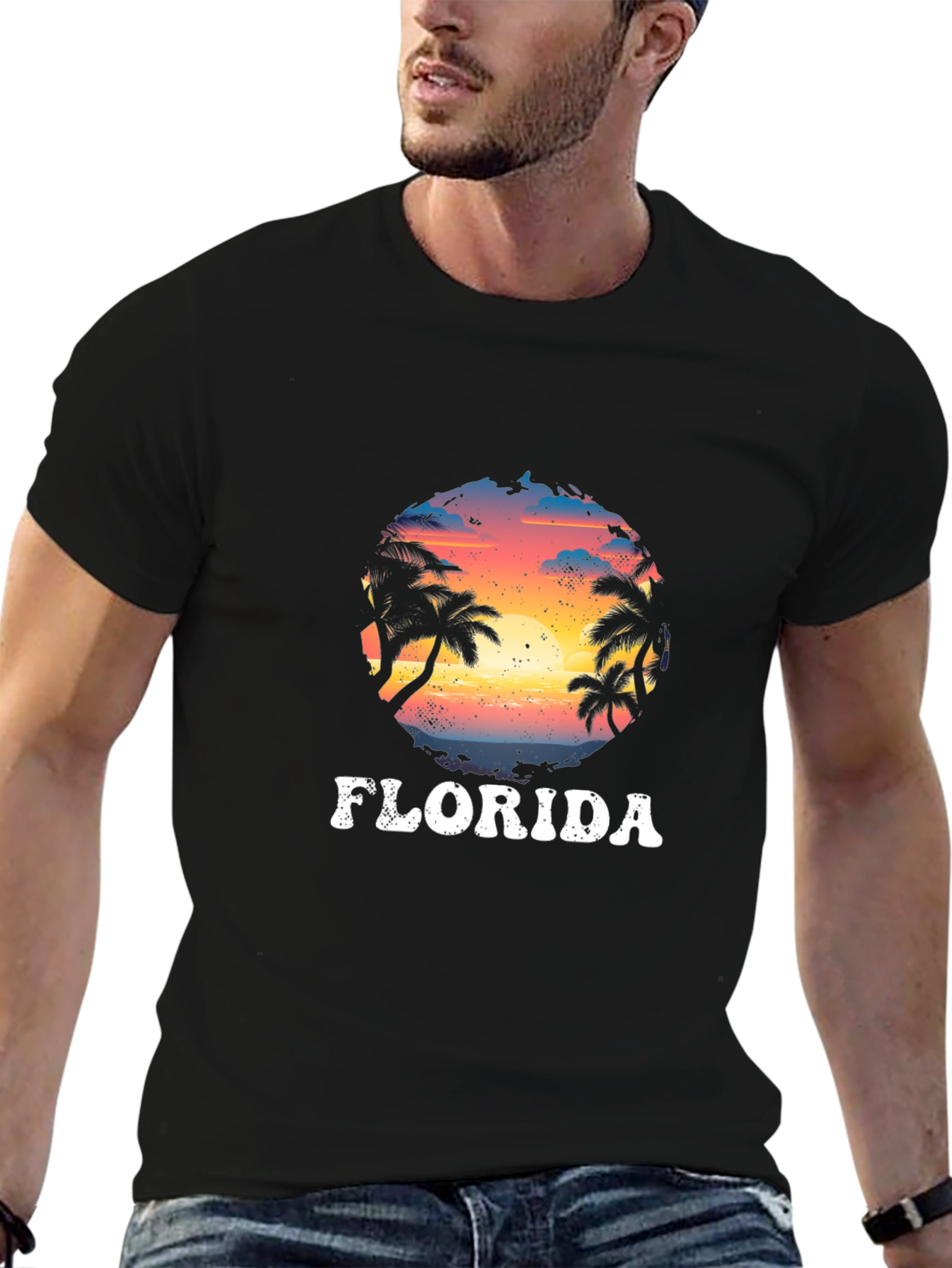 Florida Palm Sunset Graphic Black T-Shirt