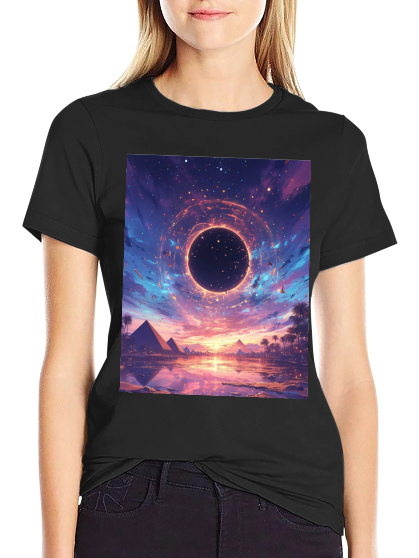 Cosmic Pyramid Graphic Tee - Black Cotton Blend