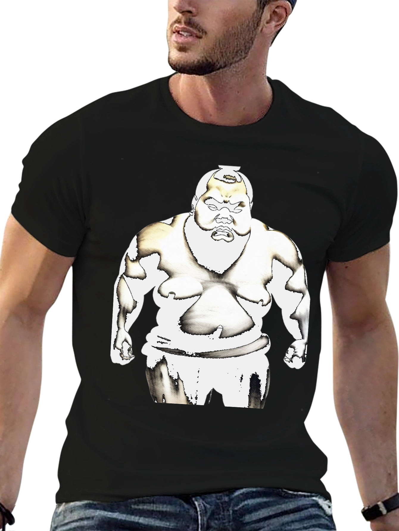 Sumo Wrestler Graphic Tee - Black Cotton T-Shirt