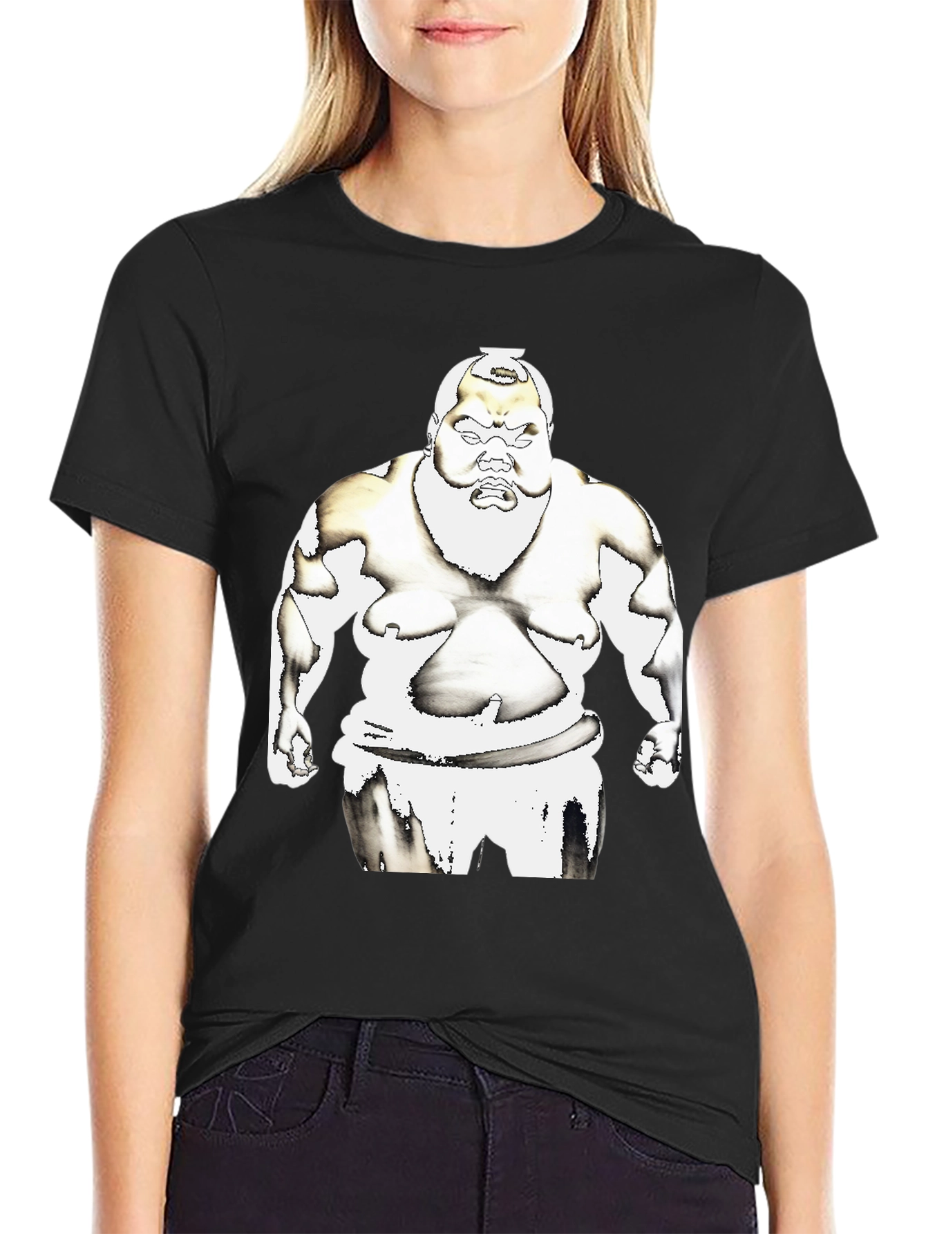 Sumo Wrestler Graphic Tee - Black Cotton T-Shirt