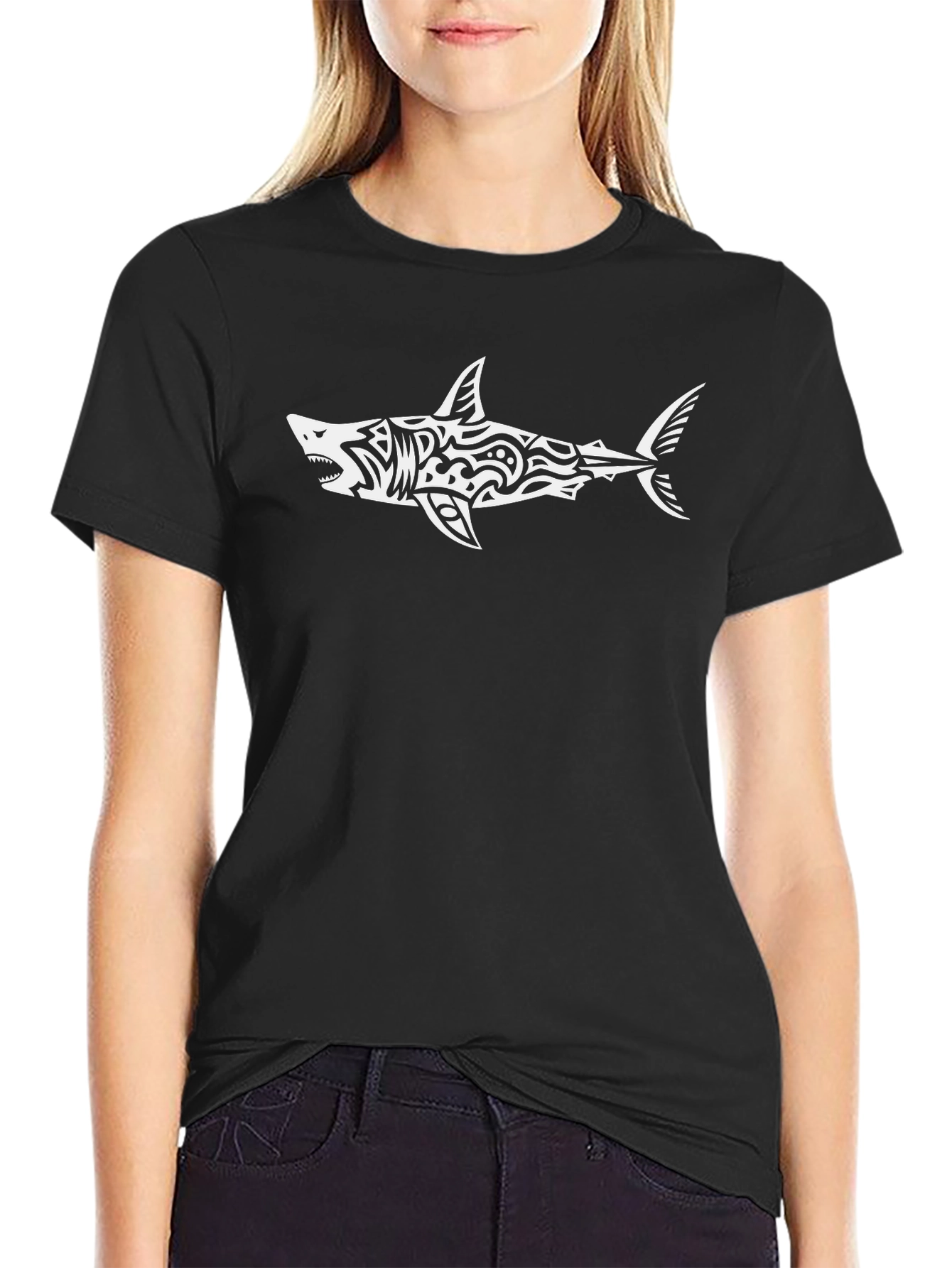 Shark Tribal Graphic Black T-Shirt