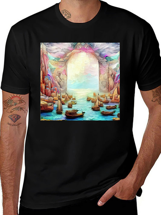 Artistic Black T-Shirt: Boats at the Ocean Portal