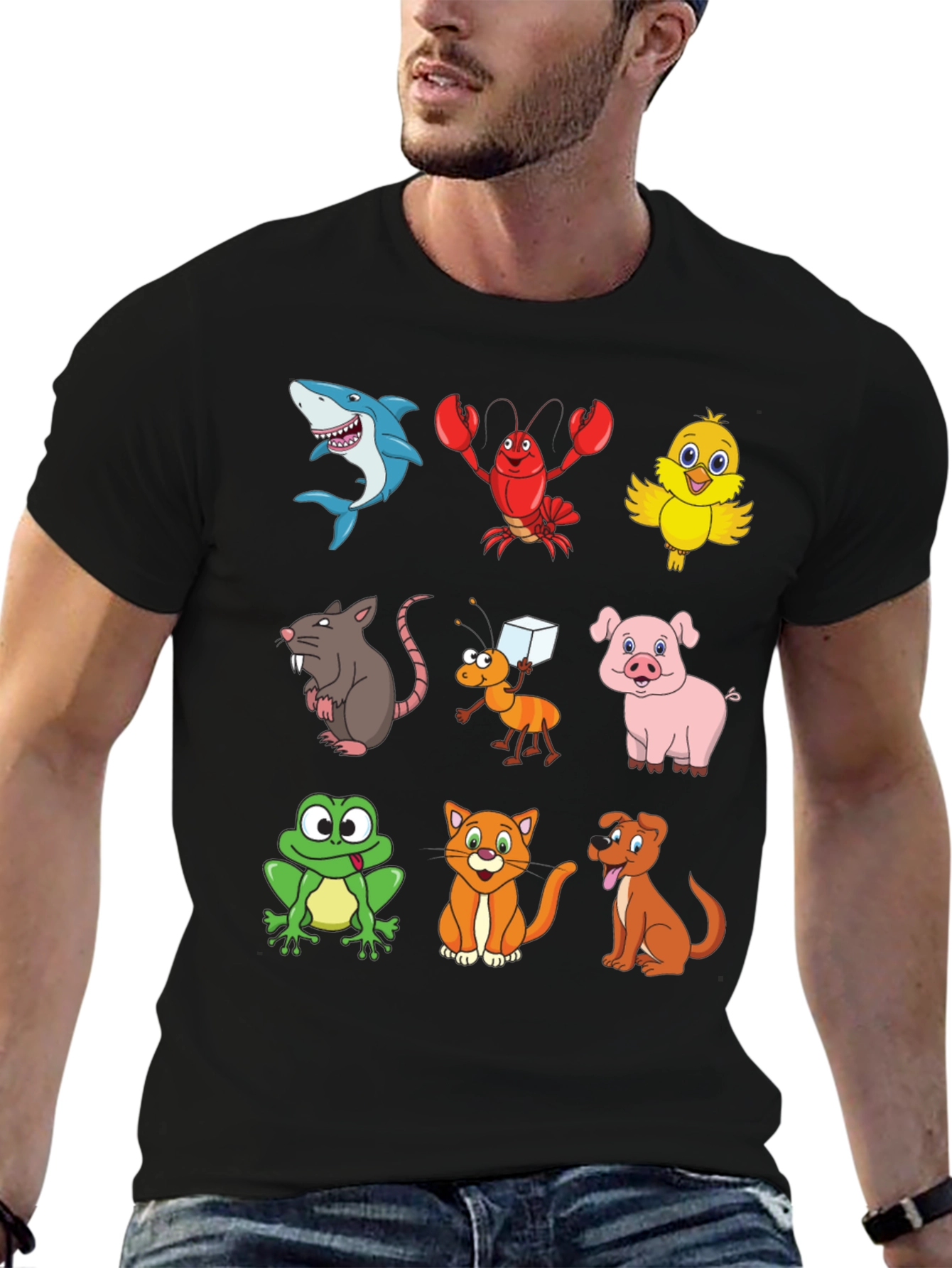 Cartoon Animal Print Black T-Shirt