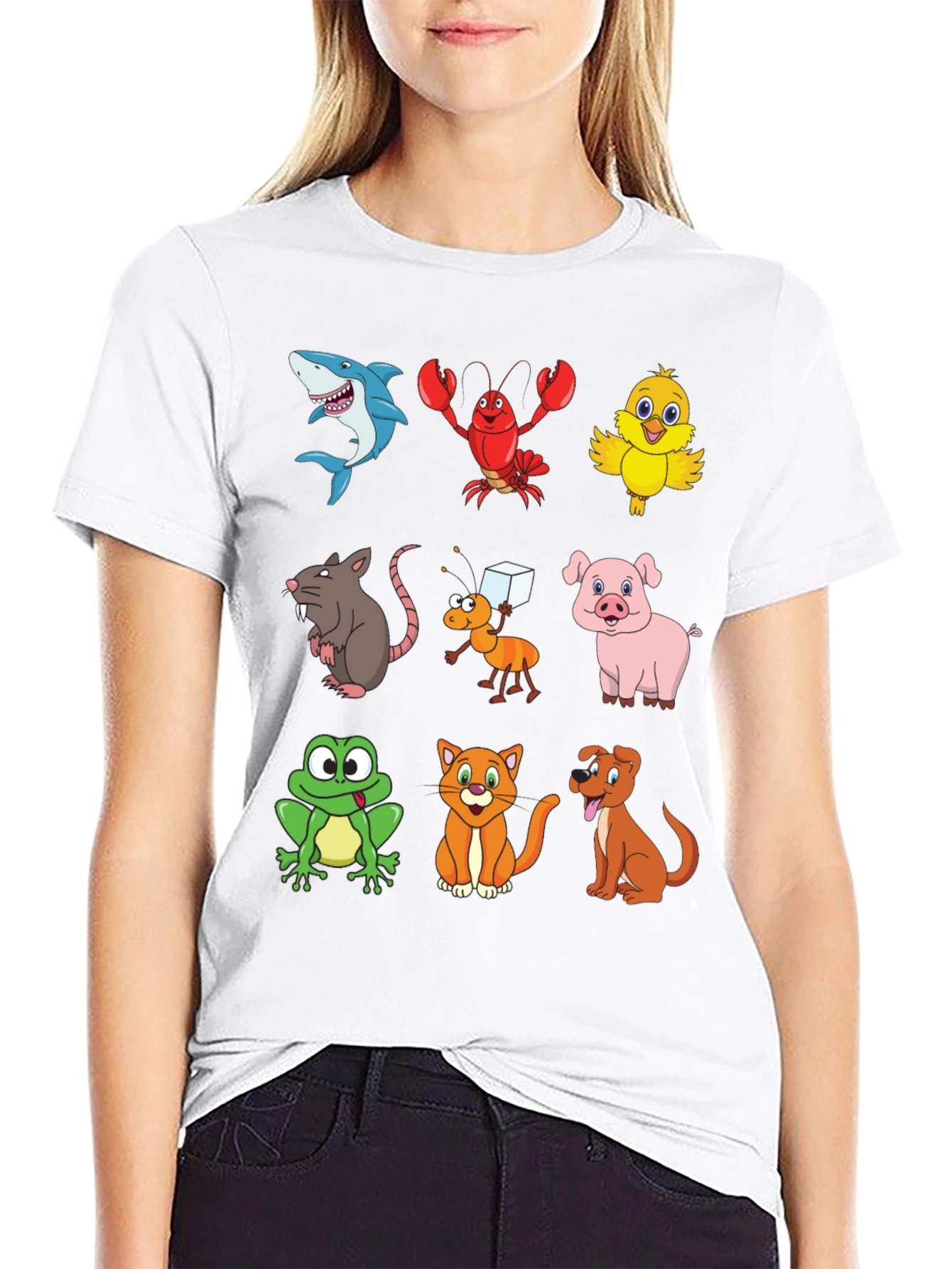 Cartoon Animal Print Black T-Shirt