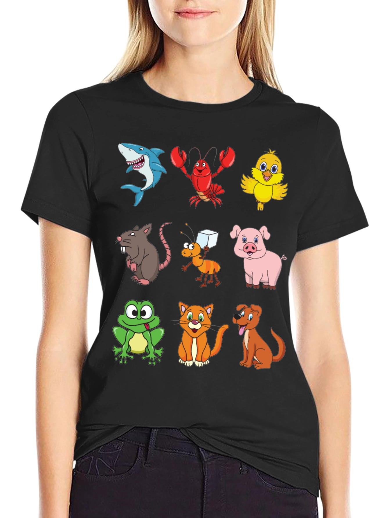 Cartoon Animal Print Black T-Shirt