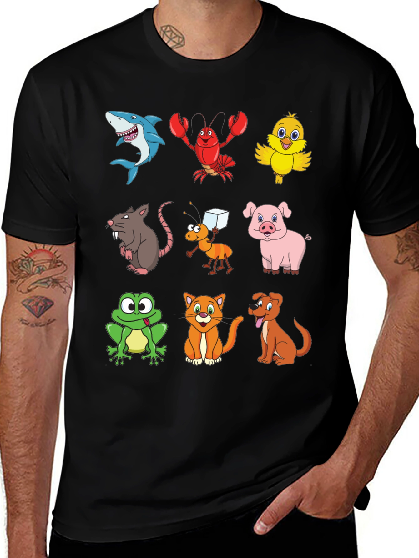 Cartoon Animal Print Black T-Shirt