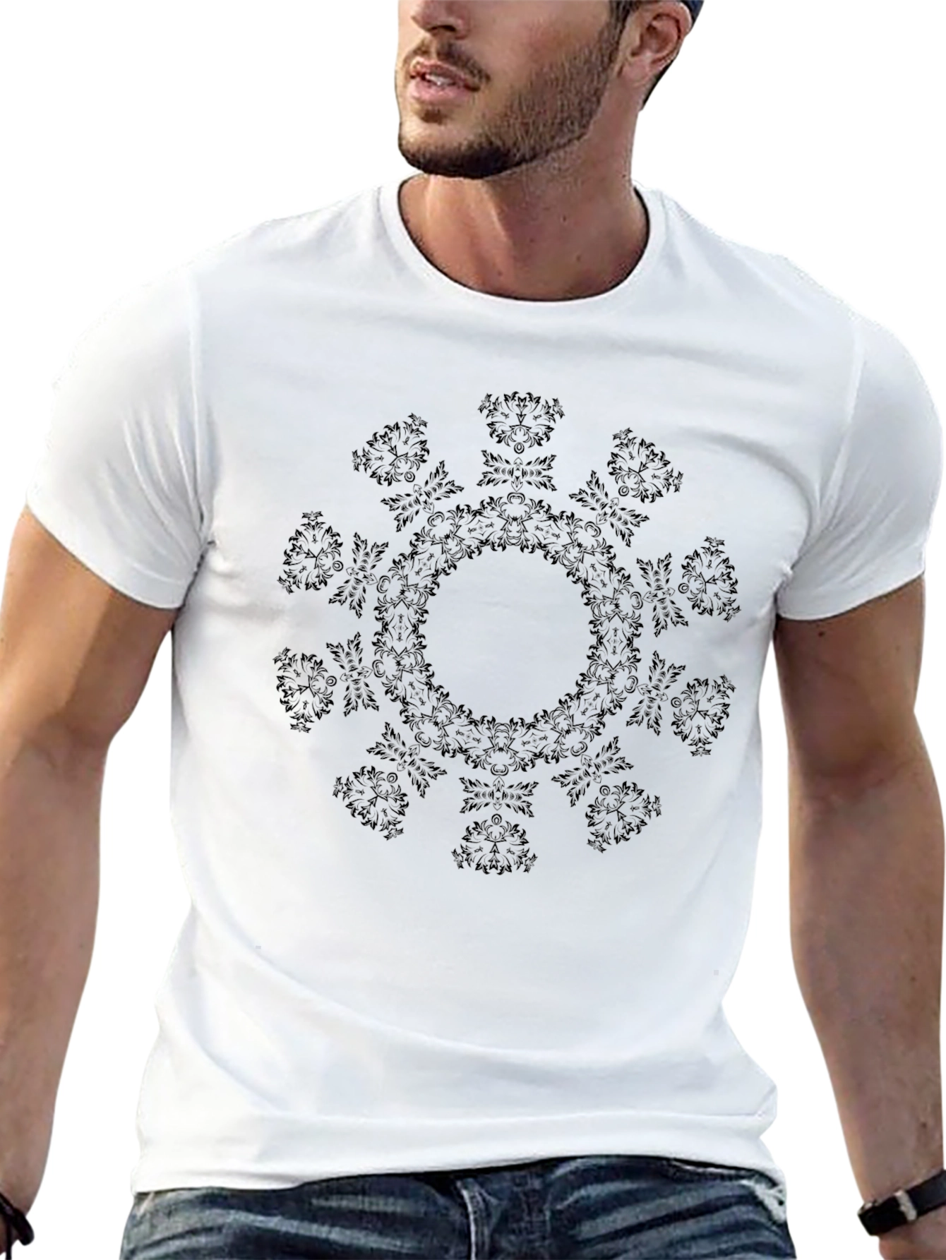Mens Black Mandala Graphic Crew Neck T-Shirt