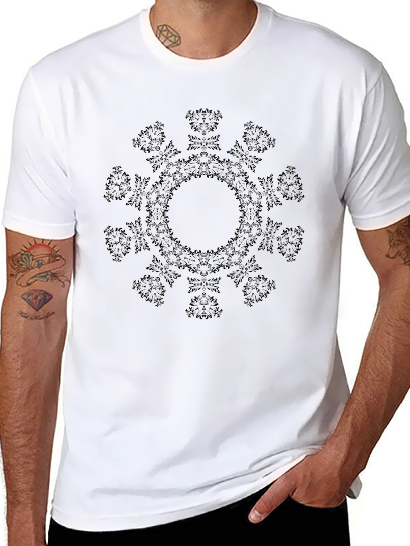 Mens Black Mandala Graphic Crew Neck T-Shirt