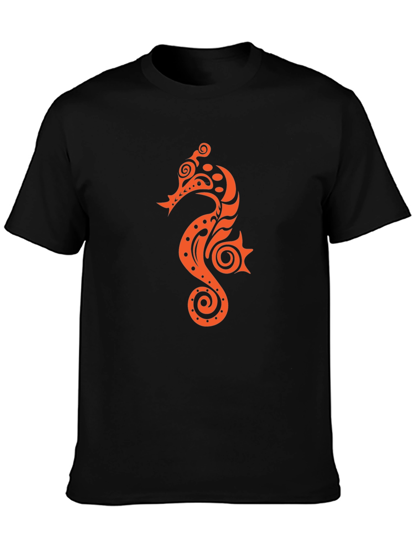 Black T-shirt with Orange Seahorse Design