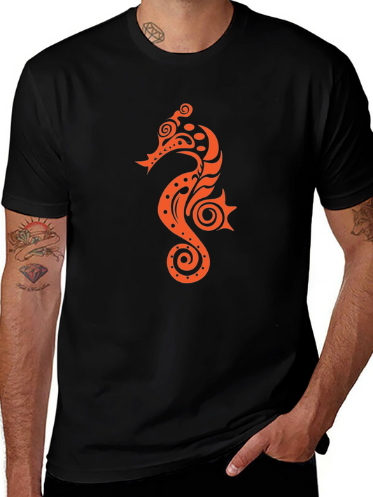 Black T-shirt with Orange Seahorse Design