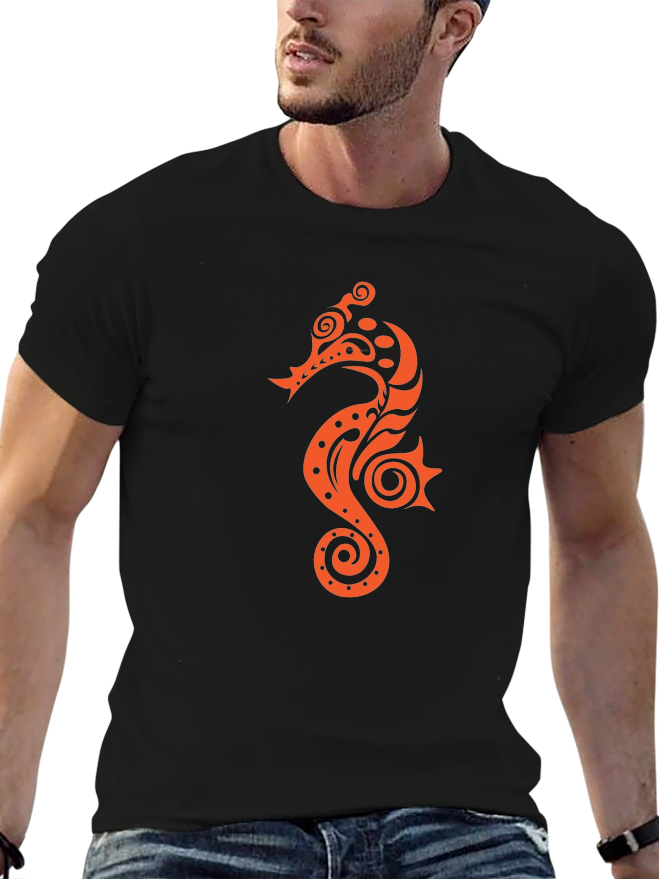 Black T-shirt with Orange Seahorse Design