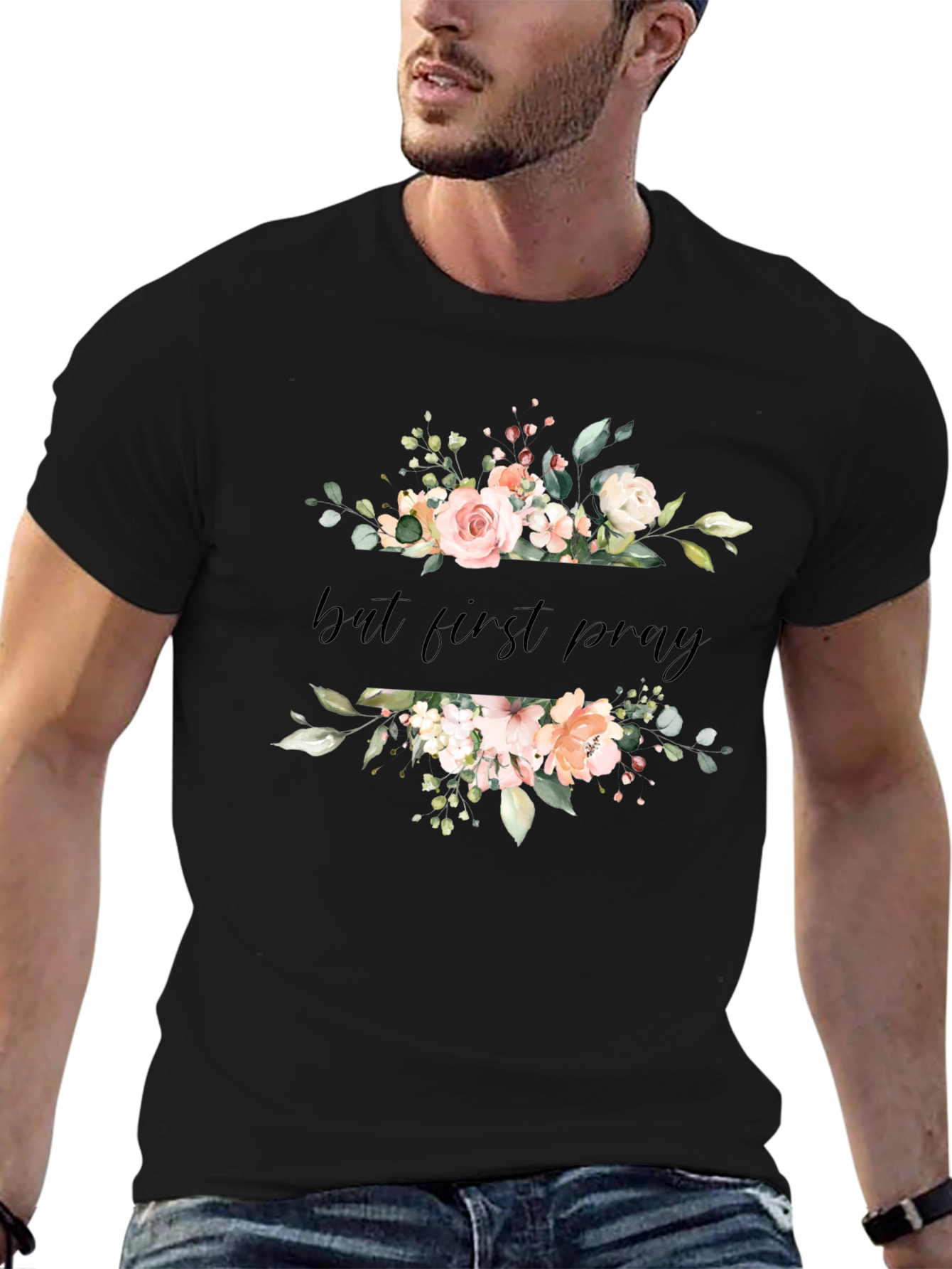 Floral But First Pray Black T-Shirt
