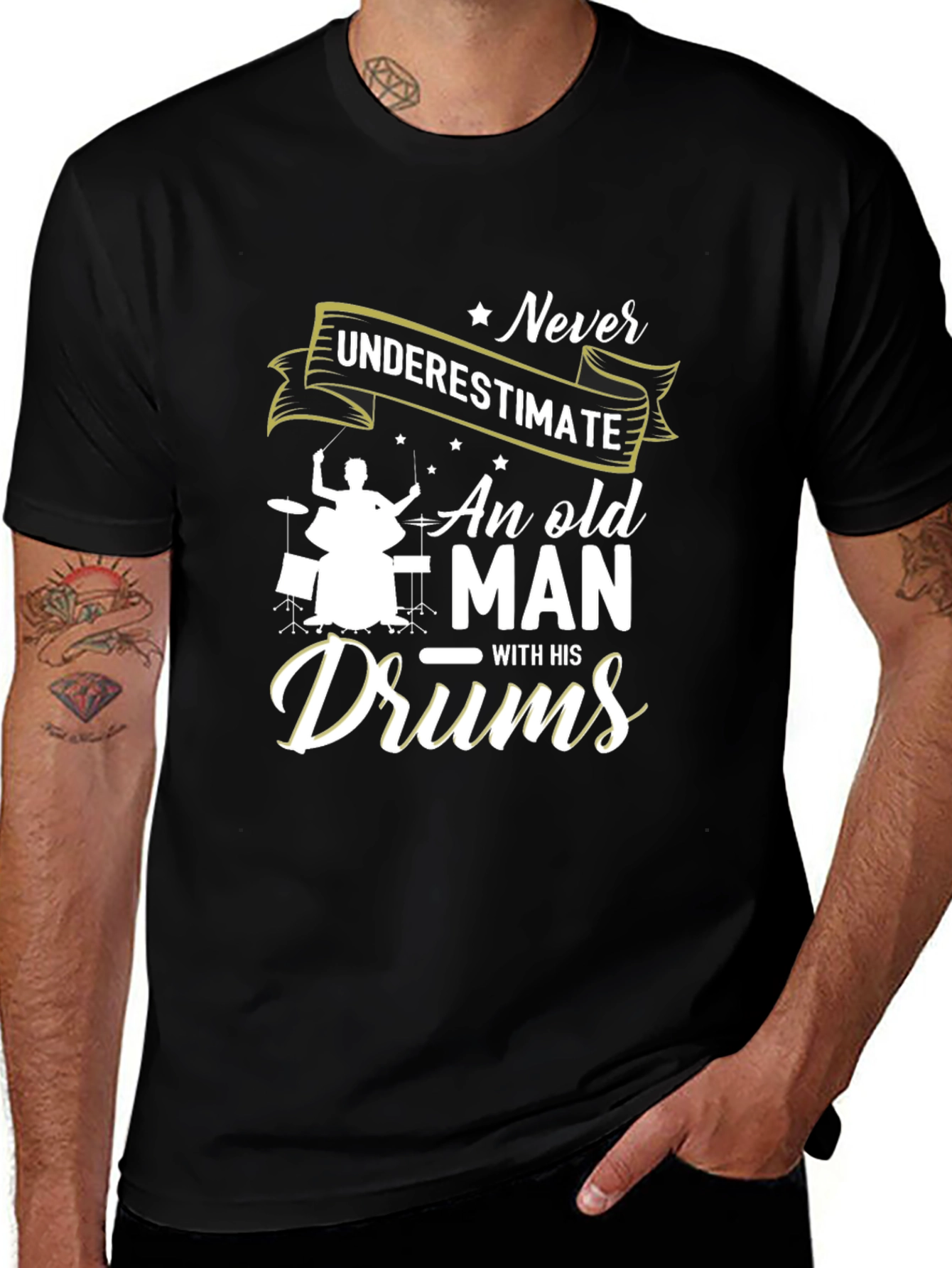 Never Underestimate Old Man with Drums Black T-Shirt