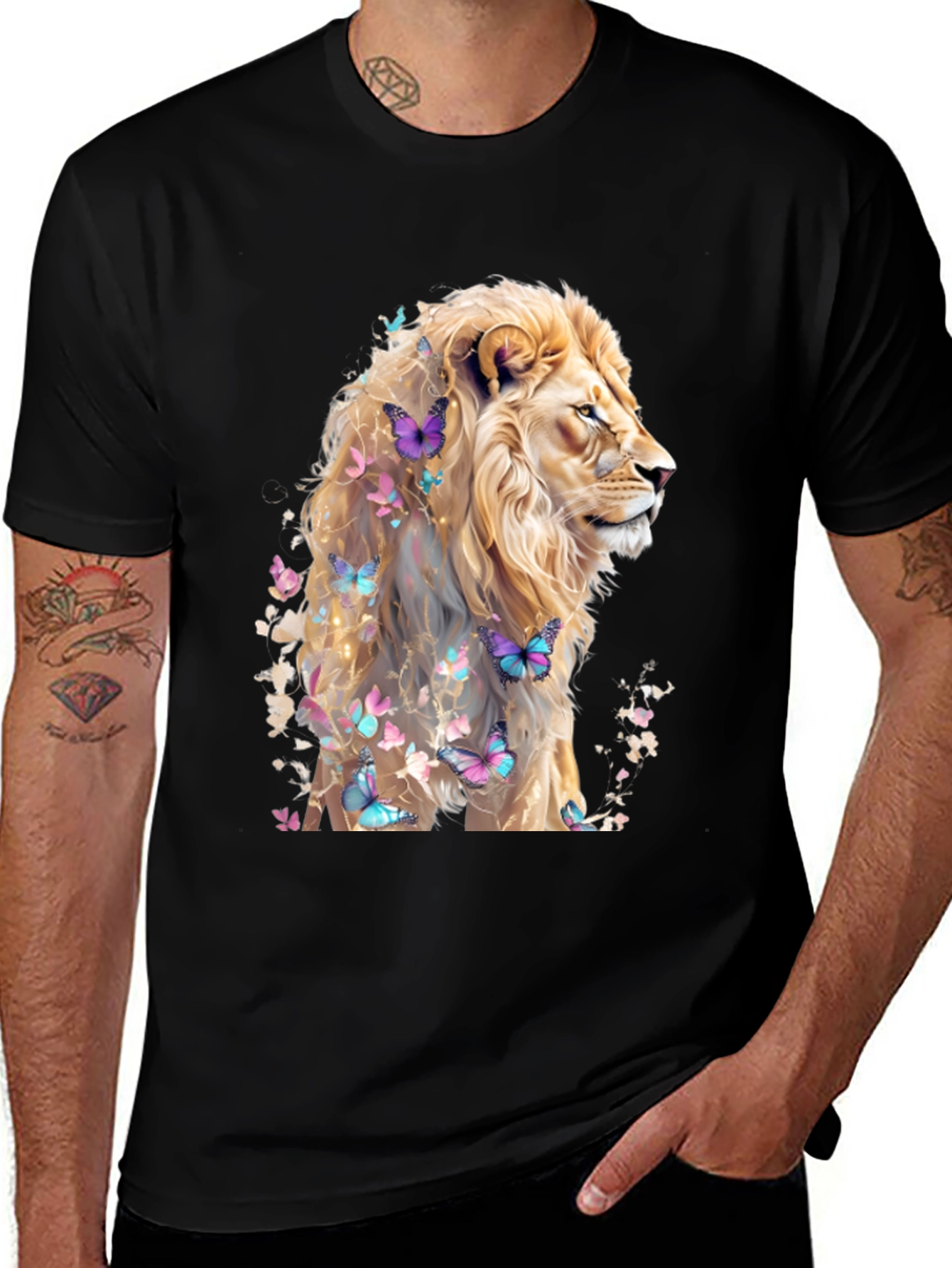 Lion & Butterflies Graphic Tee - Artistic Mens Shirt