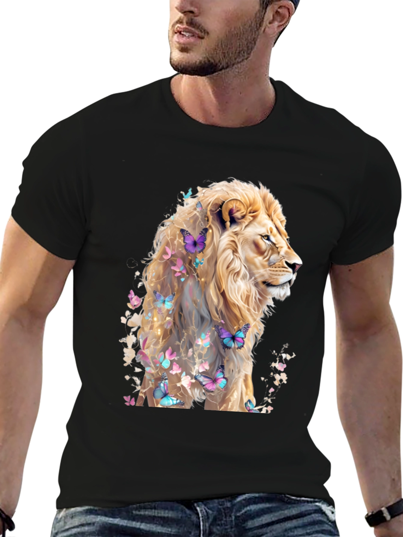 Lion & Butterflies Graphic Tee - Artistic Mens Shirt