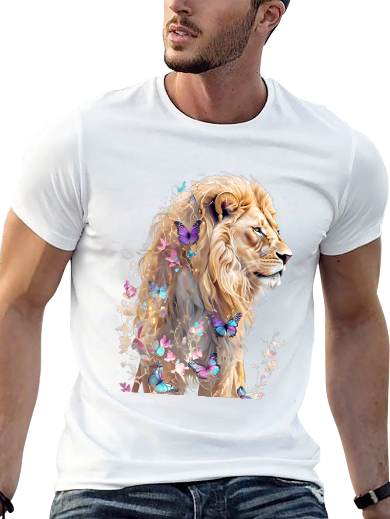 Lion & Butterflies Graphic Tee - Artistic Mens Shirt